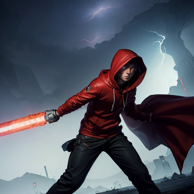 Masterpiece, a man wearing a red hoodie and holding an lighning element sword in his left hand and he has red eyes, the atmosphere around him is a rainstorm ,night