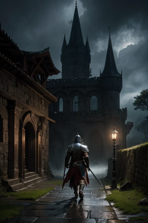 (highres,best quality:1.2),ultra-detailed,warrior with silver armor,entering a castle,medieval castle,sword in hand,shining armor,battle-ready,helmet with feather plume,braided hair,fierce expression,strong muscles,stoic gaze,intense atmosphere,dark and dramatic lighting,smoke and dust particles in the air,majestic architecture,stone walls and towers,moss-covered stones,flag fluttering in the wind,banner with warrior emblem,moonlit night,moonlight casting eerie shadows,torch-lit path,cobwebs and spiders in the corners,mysterious and haunting vibe,ominous sky,ominous clouds gathering,thunderbolts striking the castle,stormy weather,rain pouring down,water dripping from the walls,echoing footsteps,metal clinking,creaking doors and floorboards,distant battle cries,suspenseful music playing,heavy wooden door closing behind the warrior.