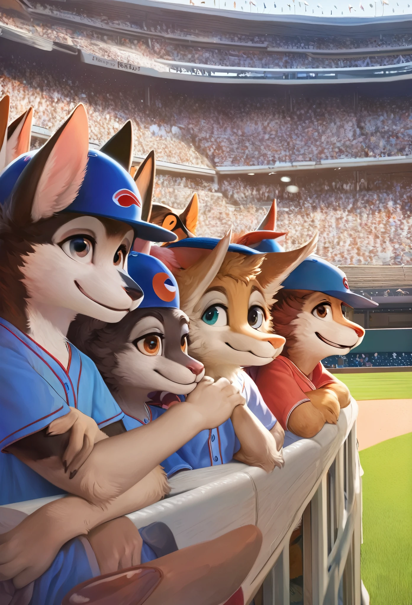 top quality, best quality, High-quality illustrations, masterpiece, super high resolution, detailed background, detailed background, Watching Baseball, group shot, Happy, joyful, absurdres(highly detailed beautiful face and eyes)perfect anatomy(Photos taken with friends)(kemono, furry anthro),