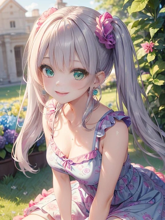 小さなgirl、The arrival of spring、big ass、 (alone:1.5,)Super detailed,bright colors, very beautiful detailed anime face and eyes, look straight, ;d, shiny_skin,girl, ((long silver hair,The inner color is red 、forehead is exposed.、green eyes、、shiny hair, delicate beautiful face, blush、(turquoise eyes), White skin, Valletta, earrings,、blue flower field、(((Pink ruffled dress with floral print、Purple Mini Skirt)))、twin tails、smile、smile、Face dyed red