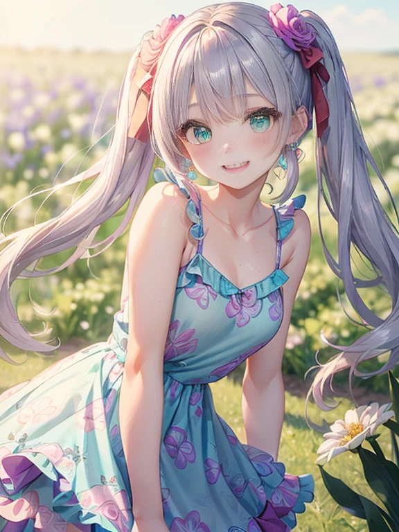 小さなgirl、The arrival of spring、big ass、 (alone:1.5,)Super detailed,bright colors, very beautiful detailed anime face and eyes, look straight, ;d, shiny_skin,girl, ((long silver hair,The inner color is red 、forehead is exposed.、green eyes、、shiny hair, delicate beautiful face, blush、(turquoise eyes), White skin, Valletta, earrings,、blue flower field、(((Pink ruffled dress with floral print、Purple Mini Skirt)))、twin tails、smile、smile、Face dyed red