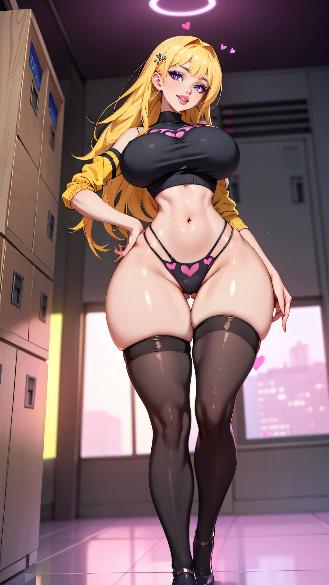 1 girl, yellow hair, long hair, big lips, yellow eyes, huge breasts, blush, blush on nose, open abdomen, focused portrait, horrible thighs, high thighs, wide hips, narrow waist , hourglass figure, silly, full body, sexy pose, dynamic pose, midriff, confidence, superiority, bratty, thick thighs, defined stomach, window, modern decor, smile, standing, locker room, head tilt, intimacy, midshot, thigh highs, from below, hair clip, from below, smile, heart print top, tie top, cardigan, 