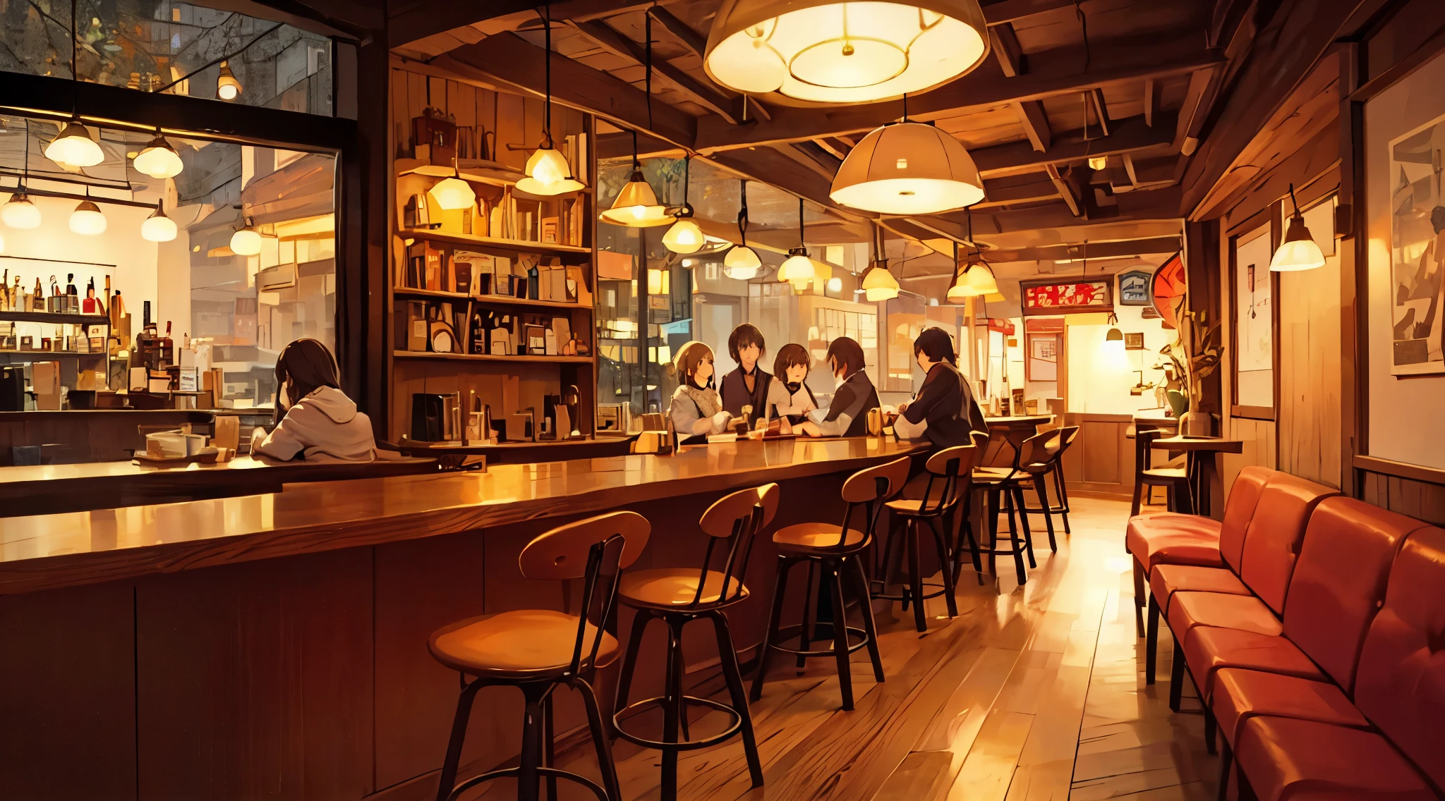 Cafeのインテリア, 心地よいcozy atmosphere, coffee shop, cozy atmosphere, Cafe, Warm and fun atmosphere, Wide Full Shot, nostalgic atmosphere, Warm lighting inside the store, cozy atmosphere, A multifaceted cozy izakaya, A luxurious, warmly lit study, Bright lighting - atmosphere of style, A cozy dimly lit pub