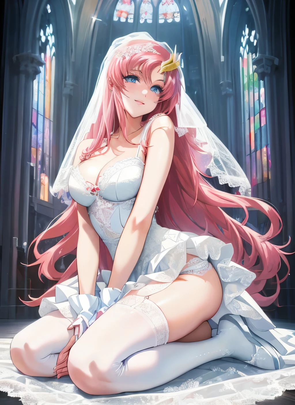 In the church,Masterpiece,detailed eye,detailed skin,detailed face,shiny skin,detailed hair,white skin,perfect lighting,shiny lips,growing eyes,8k,wallpaper, anime coloring  ,Lacus clyne,gundam seed , wing gundam,smile,pink hair, straight hair,blue eyes , (((hair ornament,luxurious white lace wedding dress, realistic designed dress,beautiful things,white knee socks ,realistic white lace panties,white lace bra ))),cleavage,very long hair, kneeling ,anime key visual ,slender limbs, delicate curves, dainty hands, tiny feet,figure:0.8