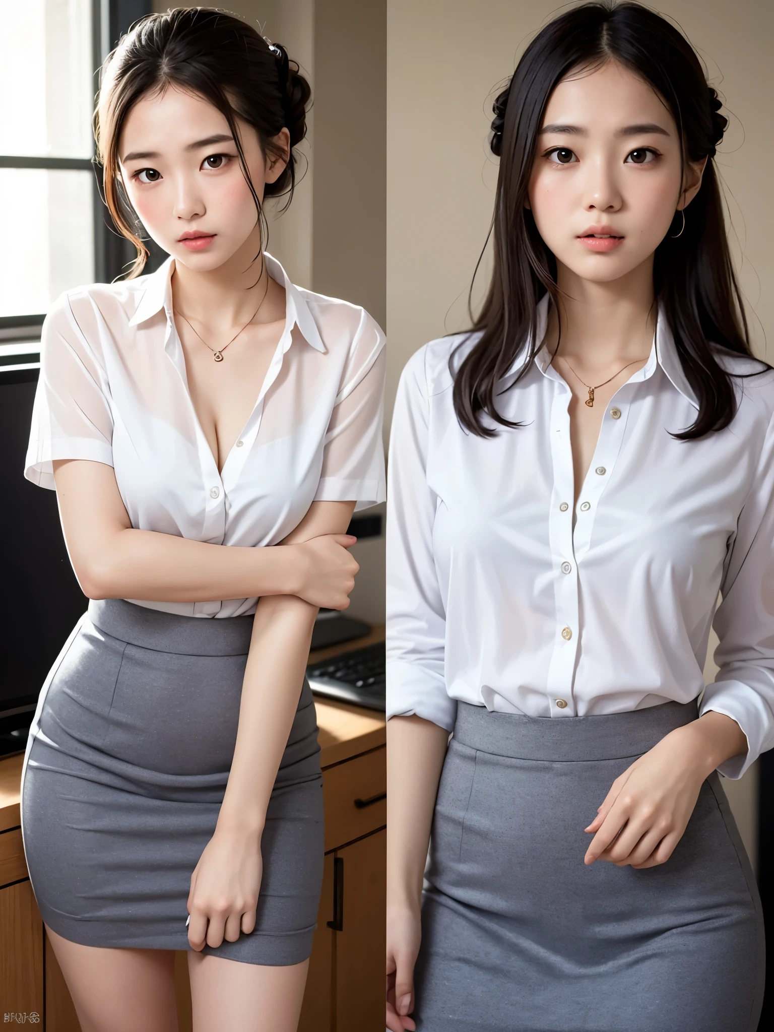 highest quality、professional writing、 Detailed workmanship、(anatomically correct, perfect anatomy:1.2), high resolution、(8K, High resolution:1.2)、(RAW photo, photorealistic:1.3)、masterpiece、slender body shape、high definition face、Face is in focus、high definition eyes、(Focused, symmetrical pupils:1.2)、slim body shape、High-definition and beautiful skin、Firm Skin、natural makeup、gross lip, High-definition hair texture、 japanese woman、unparalleled beauty、、cute, (half updo:1.3), (office) break (business suit, white shirt, pencil skirt:1.3) break put hands on one’s chest, very cute, (very embarrassed:1.3), (blush:1.3), (afraid:1.3), Strange look、multiple angles、shirt front open, cleavage, nsfw
