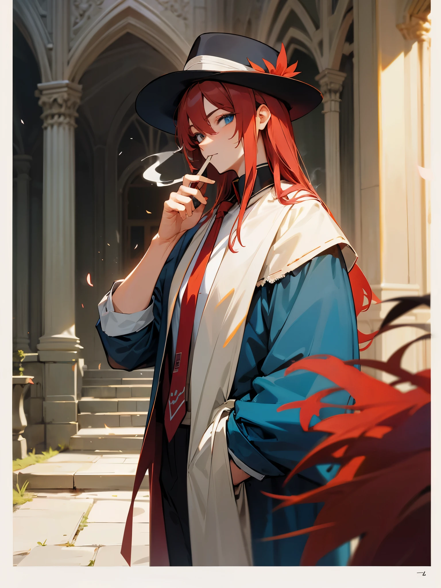One male, around 34 years old. Medium height, long red hair, blue eyes, wearing 1930's tattered suit, dear stalker hat. Smoking a joint. Book qnd study pappers under arm. Bustling college courtyard, absurdres, high res, ultra sharp, 8k, masterpiece, looking at viewer.