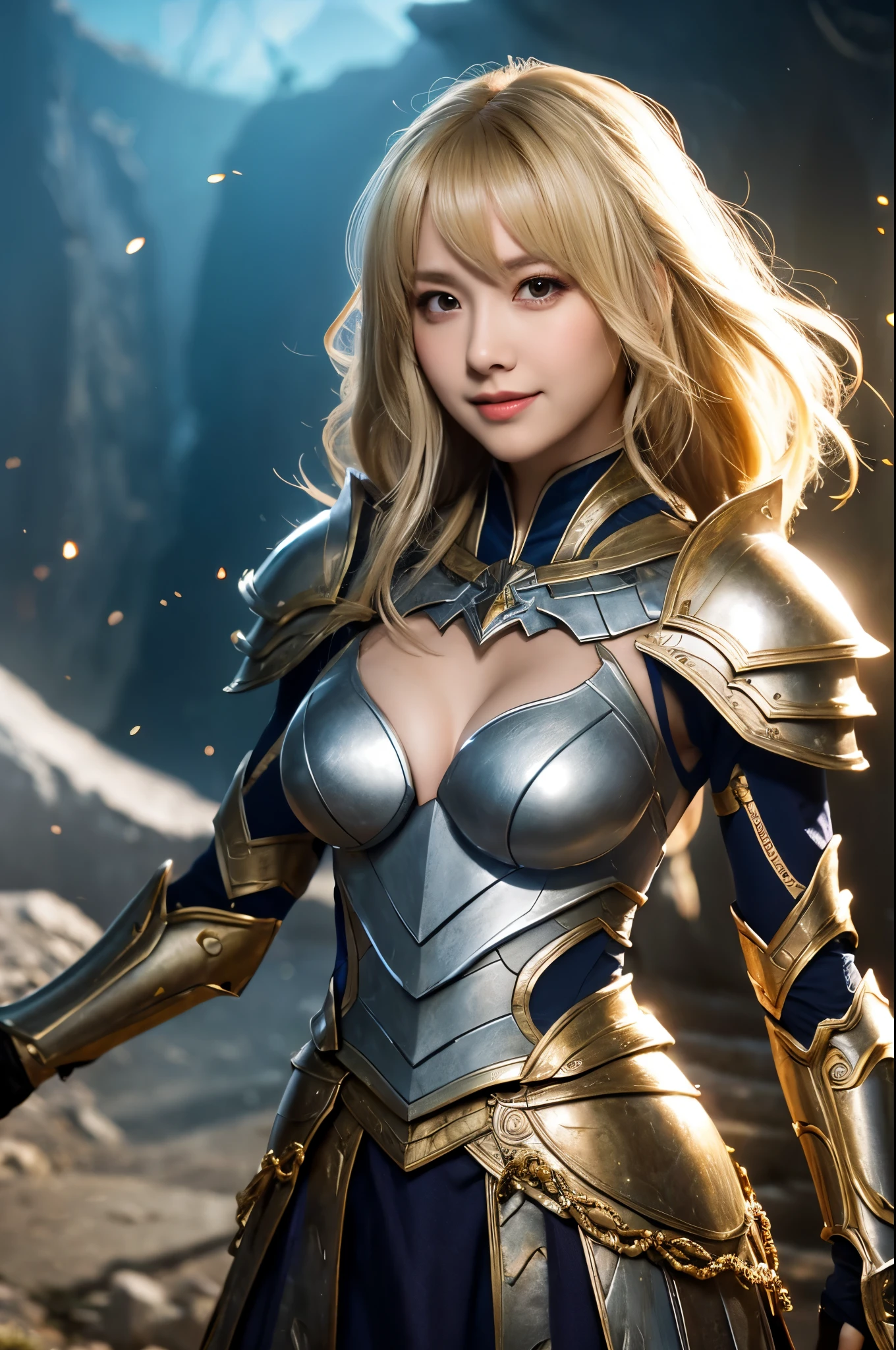 8K、Super detailed、masterpiece、highest quality、(very detailed)、dynamic angle、mysterious look、Wind effect、fantasyの背景、rim lighting、cinematic light、超A high resolution、8k uh、film grain、best shadow、delicate、born、particles of light、fine skin texture、Detailed armor texture、detailed face、Complexディテール、Super detailedな、shine、strong fraud、silver armor、(holding a weapon)、Slashing、Slashing Action、big and full breasts,Scapula、shining eyes、 long cloak、fantasy、(bornきbornきとした)、shoulder armor、Complex、Complex、perfect lighting、looking at the viewer、movie lighting、flying in the sky、Flight、holy light、wonderful、bangs、the wind is strong、frozen mountain々々、lich queen,Sexy,attractive,blonde short bob,Chest armor with detailed decoration,perspective from above,smile,Sexy胸元,Violent and strongly cracked abdominal muscles,emphasize cleavage,dynamic sexy pose,