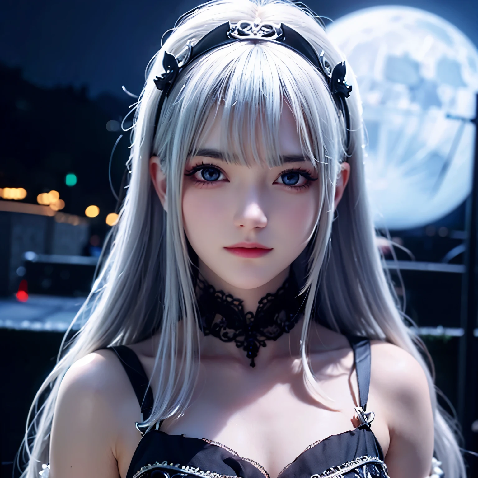 masterpiece, best quality, (alone focus), (perfect face:1.1), (high detail:1.1), (Super detailed eyes), dramatic, 1 person, (pale skin), long white hair, ethereal eyes, (Light eyebrows), alone, long hair, Thiago Azevedo, moon, night, blue luxury suit, Pouting, fur, proud expression,garden, Detailed background, Artgerm&#39;s artwork, movie lighting, Rose, Fashion, Balenciaga style