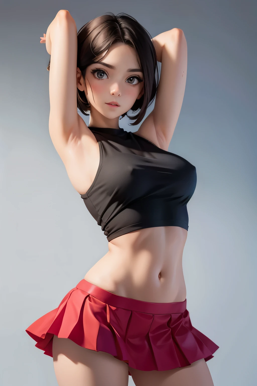 girl,wearing mini skirt,showing armpit,very beautiful face,photorealistic,ultra high quality.