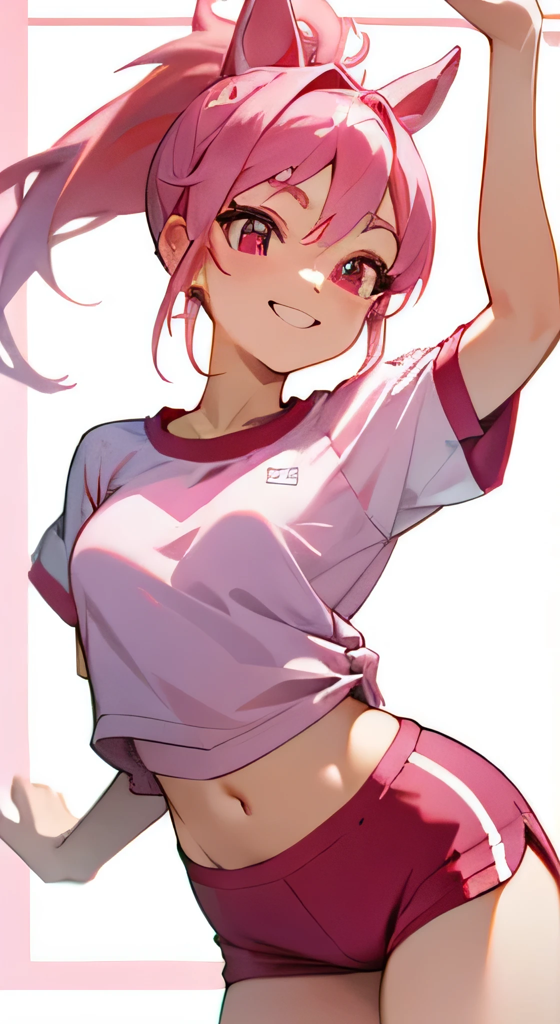 pink hair color、ponytail、White gym clothes、horse ear、pink eyes、smile、small breasts、Red shorts、high quality