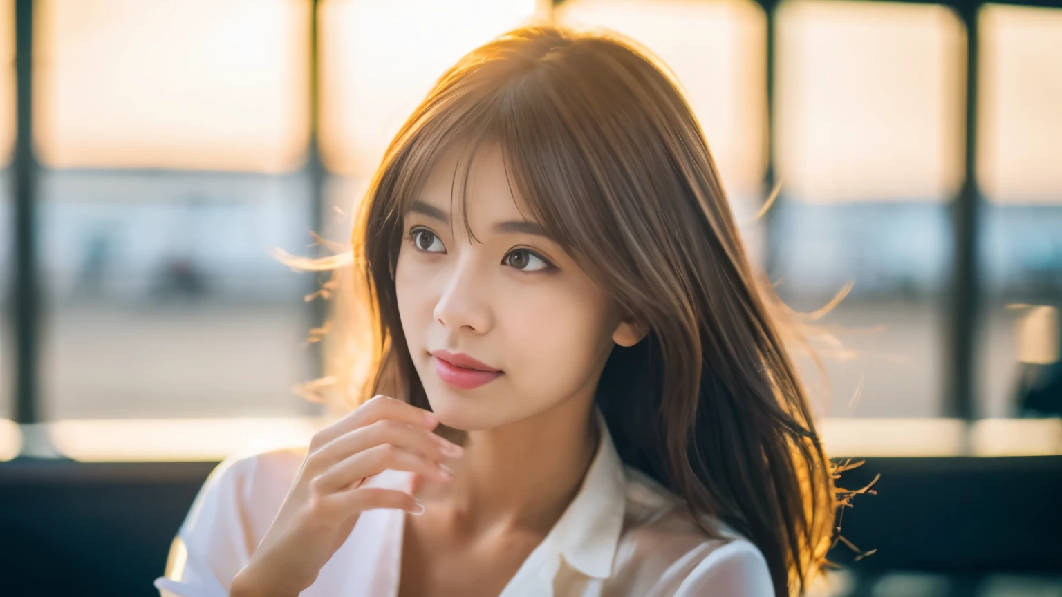 masterpiece, highest quality, 8K, 1 girl, correct human hand, correct human fingers, thin japanese woman, cute, girly, delicate woman, pure beauty, small breasts, Very small waist, sexy lips, luminescence, look away, Raw photo, f/1.8, 135mm, canon, anatomically correct, Bokeh，rough skin, professional photography, soft light, professional lighting, Backlight, film grain, (Eye and face details:1.0), brown hair, Medium hair swaying in the wind, silk blouse,Waiting for the flight at the airport cafe terrace,Before leaving for overseas travel