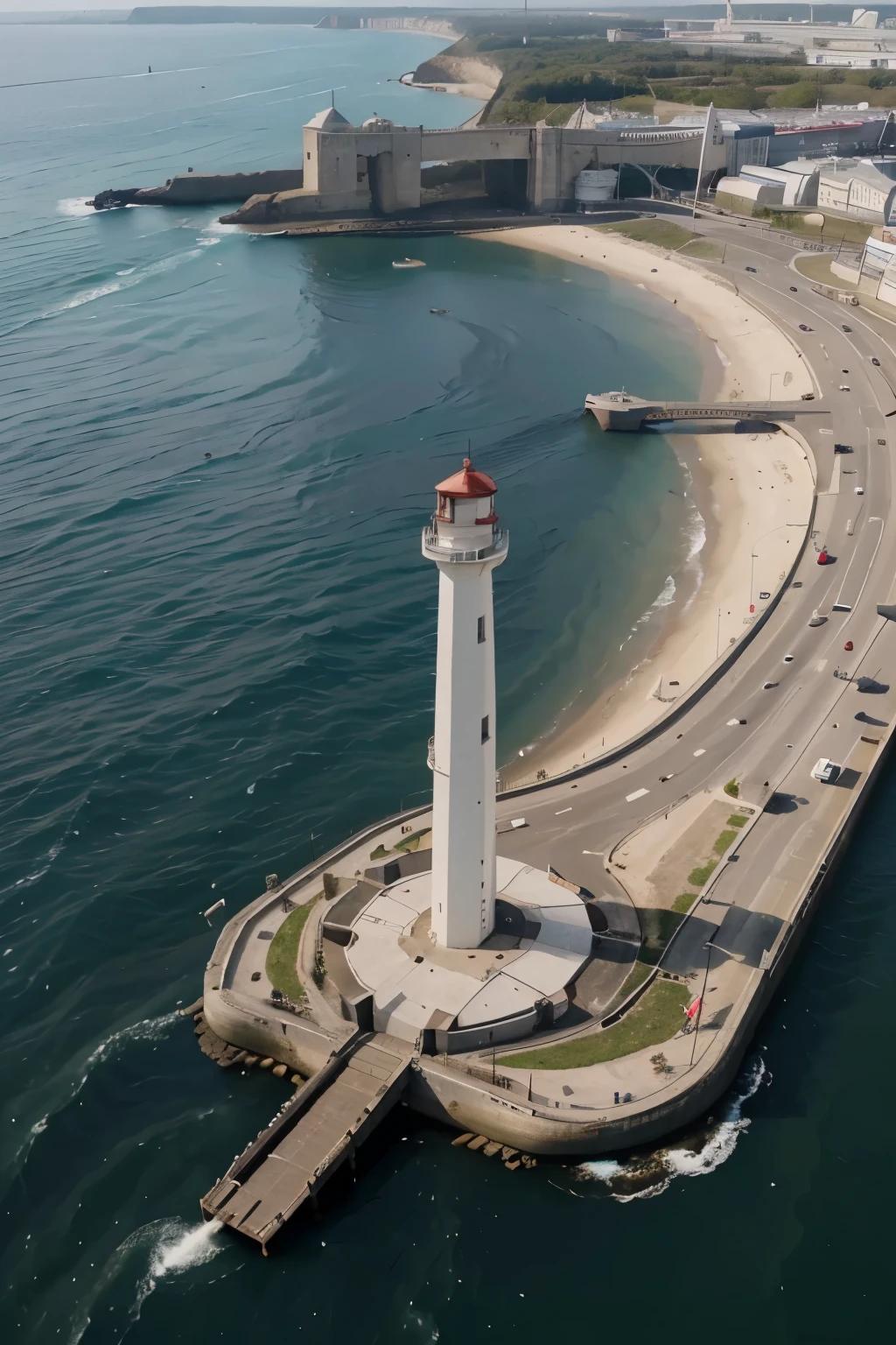 (Exeptional quality),drone filming perspective, (sliding arched metal forged bringe:1.2), cylinder bridge supports:0.8, a long radial sand spit:1.3, key shaped ship dock:1.5, a red and white lighthouse on the quay:1.1