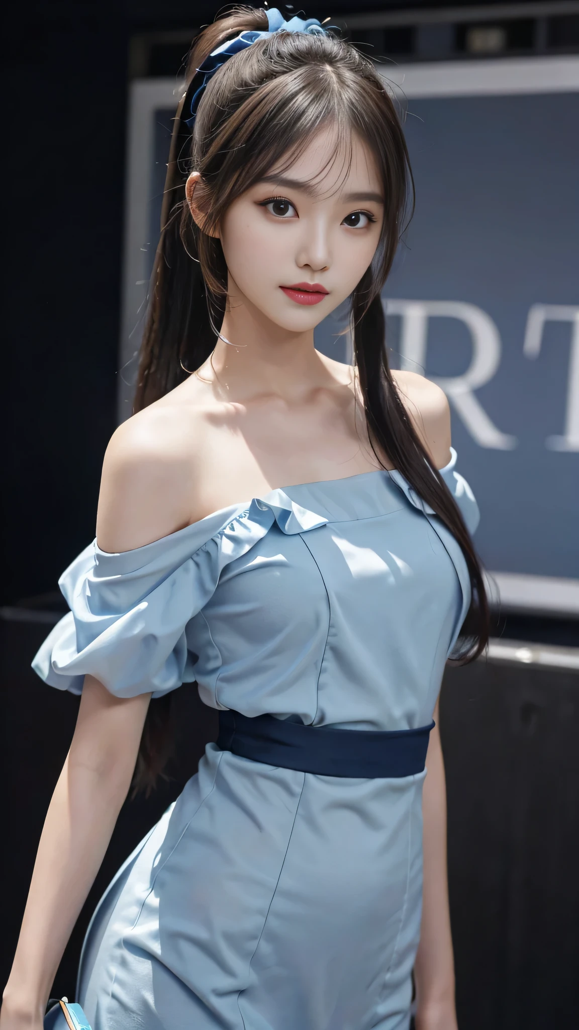 Close up face,standing on stage,Blue colored long dress with lots of ruffles,One woman,masutepiece, The highest image quality, High quality, the background is clear,Beautiful woman, Japanese, Detailed, Detailed eyes, Detailed skin, Beautiful skin, 超hight resolution, (reality: 1.4),Very beautiful woman, Slightly younger face, Beautiful skin, slender, (Ultra photo realsisim), (hight resolution), (8K), (Very detailed) (beautifully detailed eyes), (super detailed), (Detailed face), view the viewer, Fine details, Detailed face, Staring straight ahead, Staring straight ahead, photos realistic, Bright lighting, Professional Lighting, Black hair,poneyTail,a baby face,fifteen years old,Hairstyle is ponytail,long ponytail hairstyle,slight smile,neat and tidy clothing,Beautiful Japanese KPOP idol photo, hair style is ponytail, my eyes are double and wide, baby face, smile and look straight ahead, slender, small breasts,Blue ribbon on head,Close up face,
