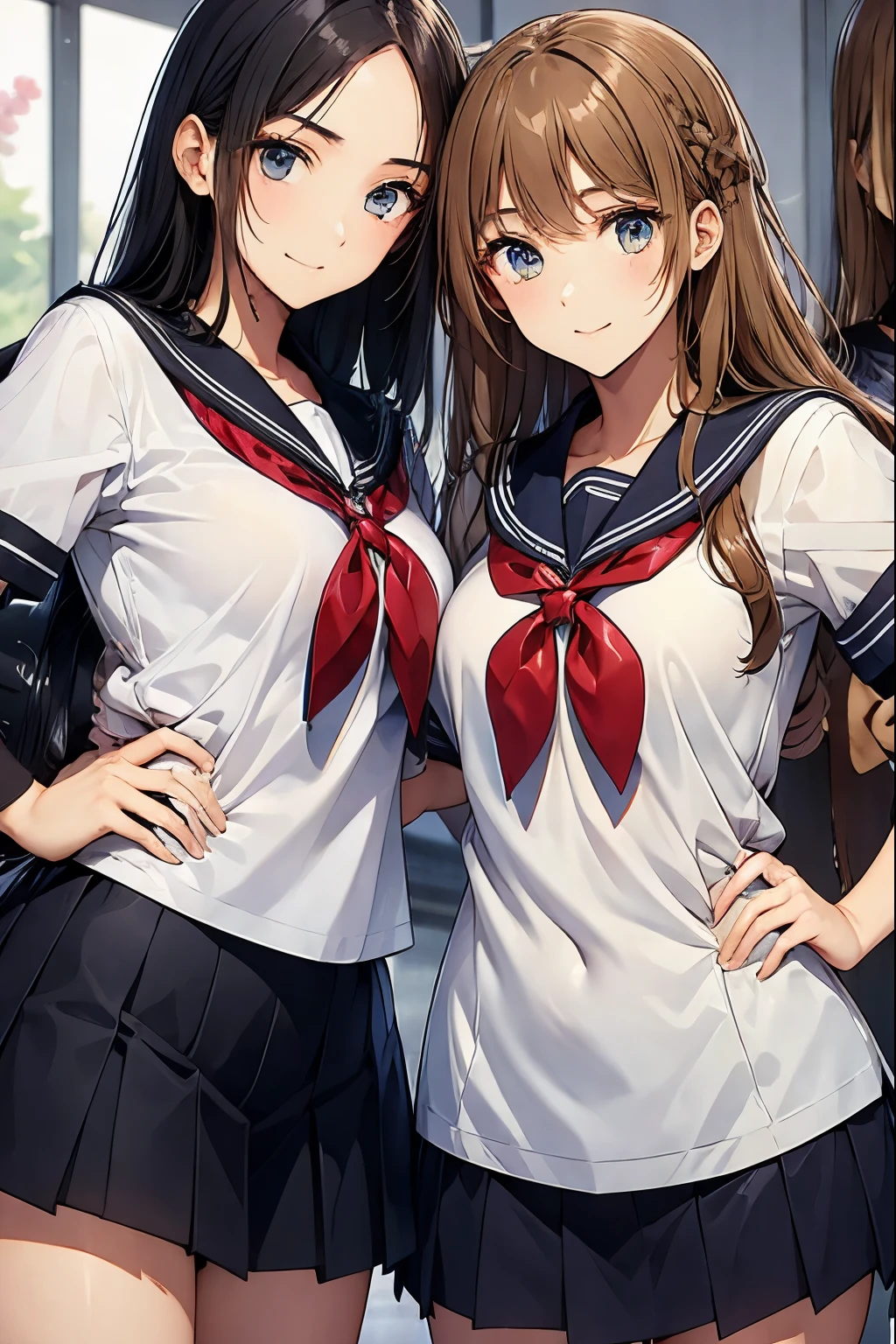 High school girls standing with their arms around each other in the classroom、seductive smile、