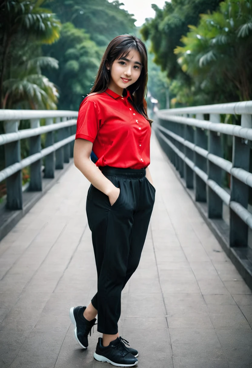 there is a woman standing on a bridge wearing a red shirt and black pants, in red and black, red and black, black and red only, sporty, inspired by Naza, in tshirt, black and red, hijab, handsome girl, with lovely look, wearing red attire, potrait, in background, sakimi chan, faridah malik, black on red