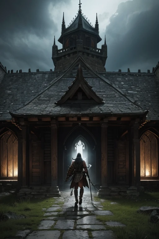 (highres,best quality:1.2),ultra-detailed,warrior with silver armor,entering a castle,medieval castle,sword in hand,shining armor,battle-ready,helmet with feather plume,braided hair,fierce expression,strong muscles,stoic gaze,intense atmosphere,dark and dramatic lighting,smoke and dust particles in the air,majestic architecture,stone walls and towers,moss-covered stones,flag fluttering in the wind,banner with warrior emblem,moonlit night,moonlight casting eerie shadows,torch-lit path,cobwebs and spiders in the corners,mysterious and haunting vibe,ominous sky,ominous clouds gathering,thunderbolts striking the castle,stormy weather,rain pouring down,water dripping from the walls,echoing footsteps,metal clinking,creaking doors and floorboards,distant battle cries,suspenseful music playing,heavy wooden door closing behind the warrior.