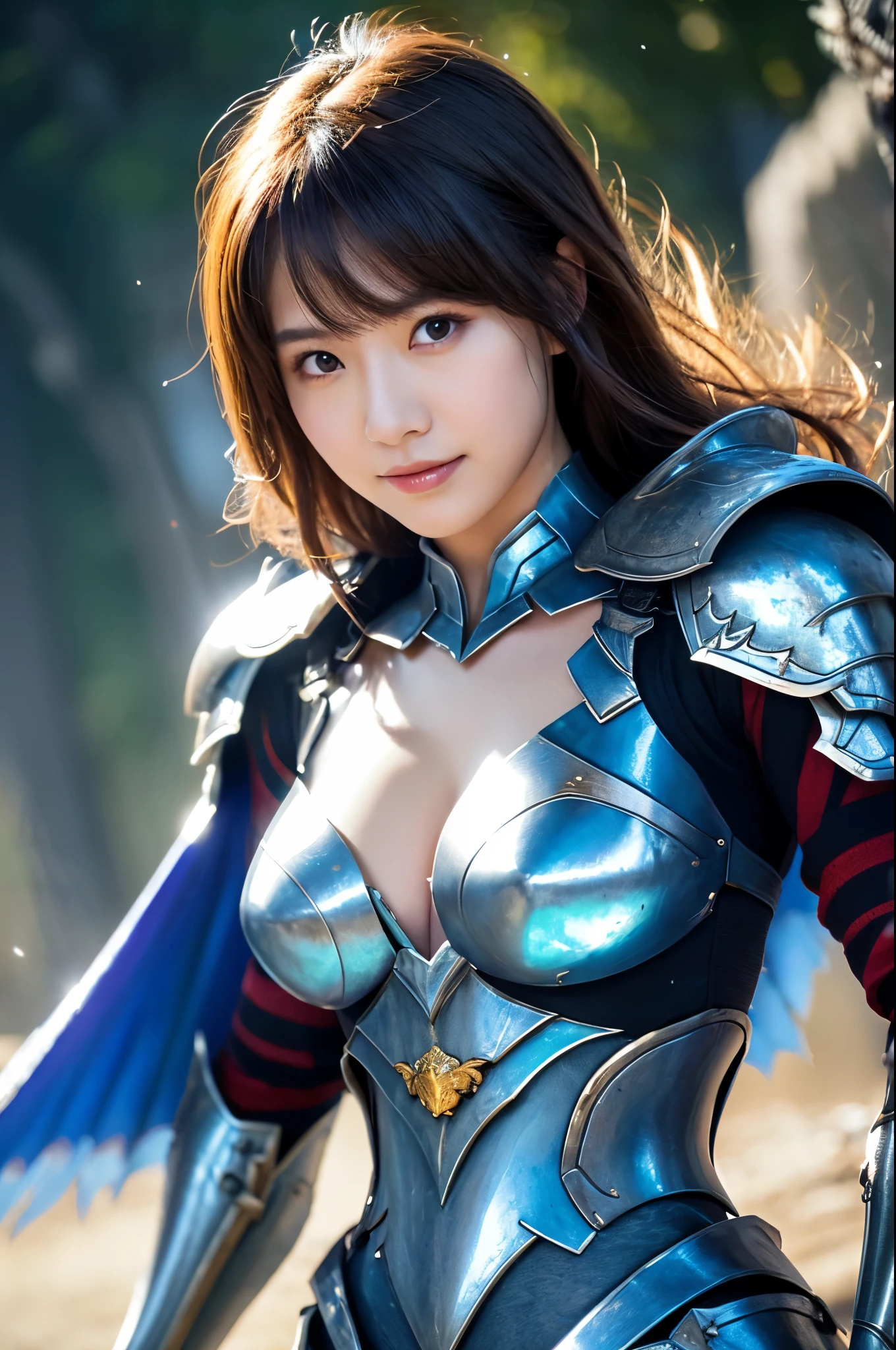 8K、Super detailed、masterpiece、highest quality、(very detailed)、dynamic angle、mysterious look、Wind effect、fantasyの背景、rim lighting、cinematic light、超A high resolution、8k uh、film grain、best shadow、delicate、born、particles of light、fine skin texture、Detailed armor texture、detailed face、Complexディテール、Super detailedな、shine、strong fraud、silver armor、(holding a weapon)、Slashing、Slashing Action、big and full breasts,Scapula、shining eyes、 long cloak、fantasy、(bornきbornきとした)、shoulder armor、Complex、Complex、perfect lighting、looking at the viewer、movie lighting、flying in the sky、Flight、holy light、wonderful、bangs、the wind is strong、frozen mountain々々、lich queen,Sexy,attractive,blonde short bob,Chest armor with detailed decoration,perspective from above,smile,Sexy胸元,Violent and strongly cracked abdominal muscles,emphasize cleavage,dynamic sexy pose,American Woman,