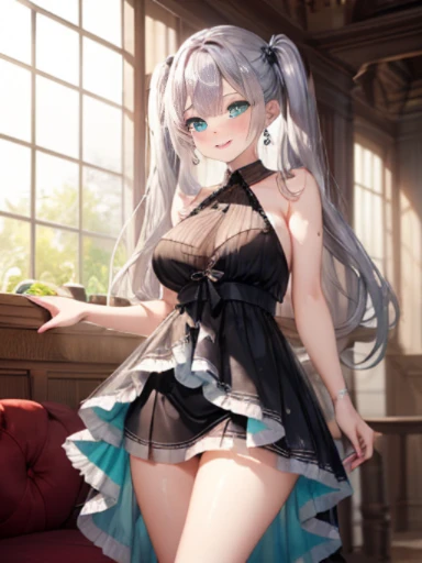 小さなgirl、The arrival of spring、big 、 (alone:1.5,)Super detailed,bright colors, very beautiful detailed anime face and eyes, look straight, ;d, shiny_skin,girl, ((long silver hair,The inner color is red 、forehead is exposed.、green eyes、、shiny hair, delicate beautiful face, blush、(turquoise eyes), White skin, Valletta, earrings,、blue flower field、((black、(Transparent silver dress Sedan's sexutfit、mini skirt)))、twin tails、smile、smile、Face dyed red