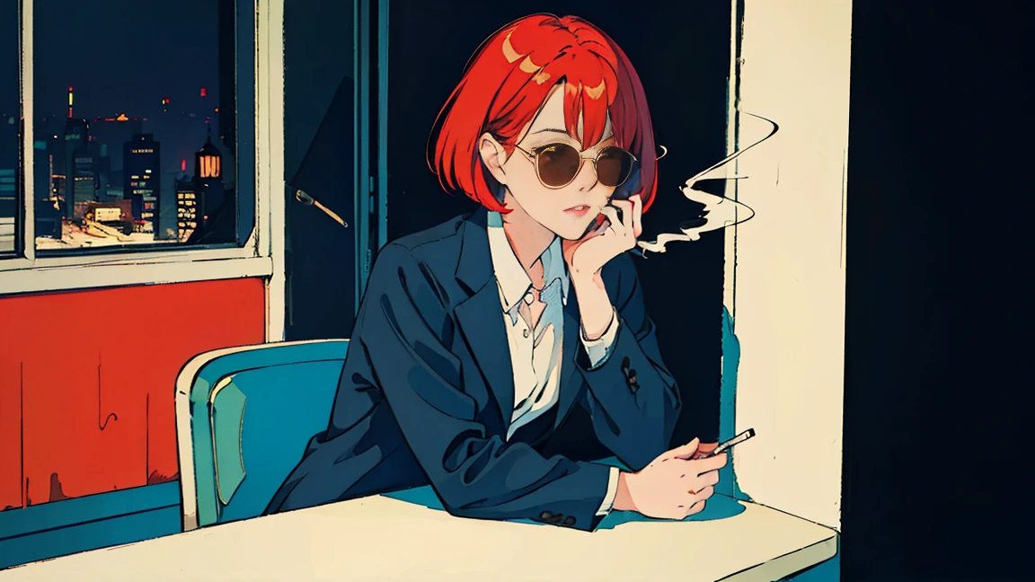 beautiful asian girl with red hair sitting in a diner at night, seen through a window, perfect face, sunglasses, smoking a white tailor made cigarette, NeonNoir, (backlit: 1.1), hard shadow, masterpiece, best quality, Intricate, modelshoot style, vintage, film grain, Incomplete details drive