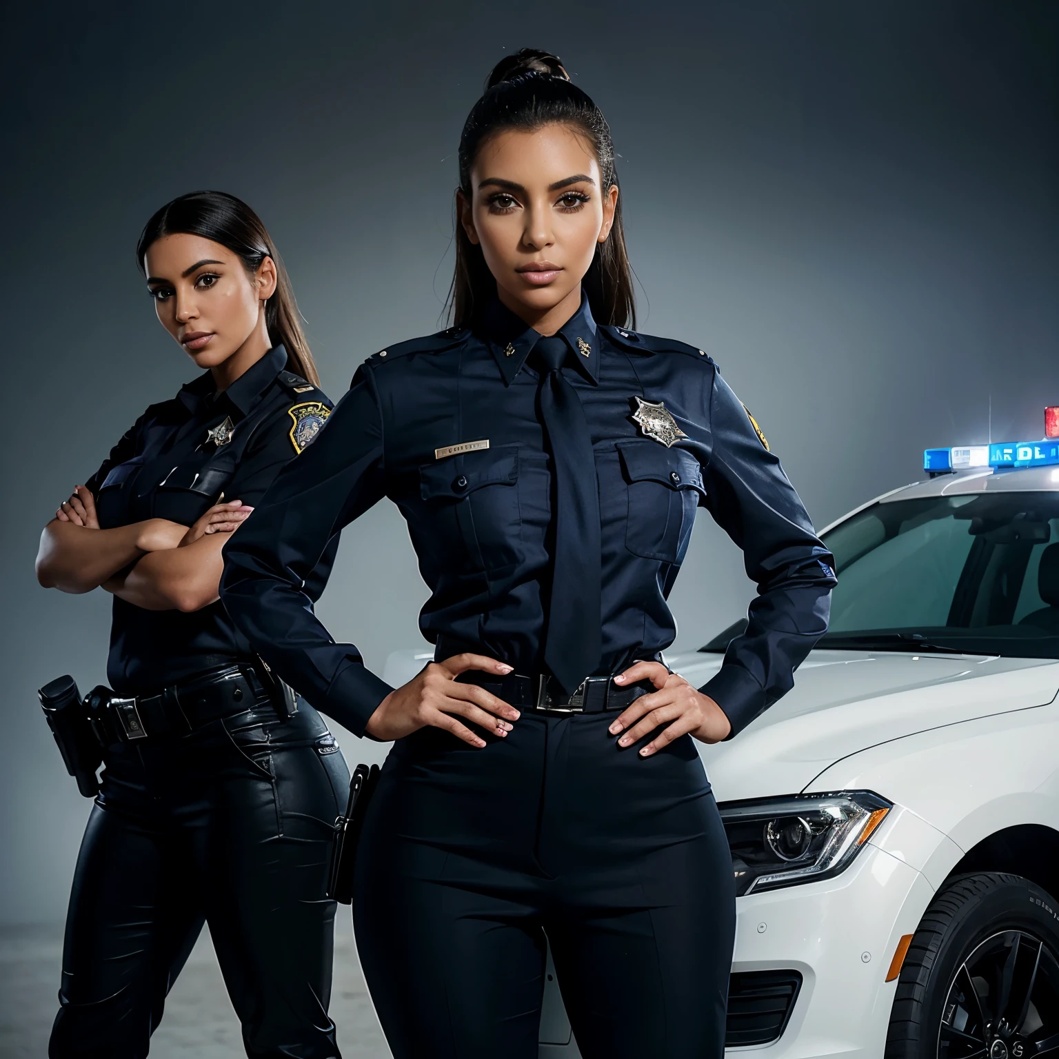 arafed woman in uniform posing for a picture with her hands on her hips, security agent, girl wearing uniform, officer, wearing a police uniform, female sheriff, full uniform, in uniform, uniform, portrait shot, promotional image, closeup portrait shot, close portrait, kim kardashian as a cop, promotional images, promotional picture, police uniform, promo image