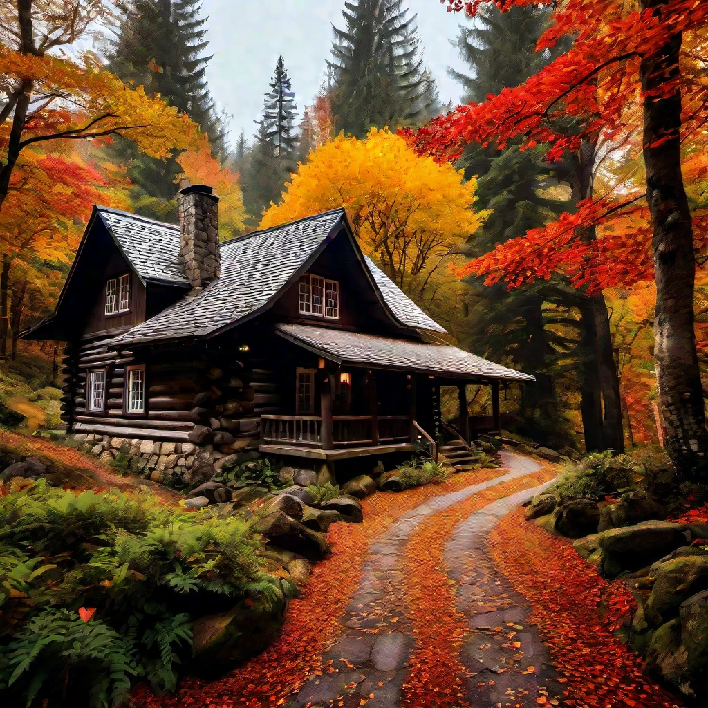 The image shows a picturesque scene of a cabin nestled in a forested area. The cabin has a rustic charm with a wooden exterior and a thatched roof. The architecture suggests a traditional, possibly European style, with visible wooden beams and a chimney. The cabin is surrounded by lush greenery, and there are trees with autumn foliage in the background, indicating the season might be fall.
In the foreground, there's a path leading up to the cabin, and the ground is covered with fallen leaves, further emphasizing the autumn setting. The sky is overcast, casting a soft, diffused light over the scene.At the top of the image, there are social media interface elements, such as a user profile picture, a notification icon, and a battery indicator, suggesting that the image is being viewed on a smartphone. There are also Portuguese text and emojis, which might be part of a social media post or comment. The text appears to be in Portuguese, but without a clear translation, it's not possible to provide specific details about the content of the text.