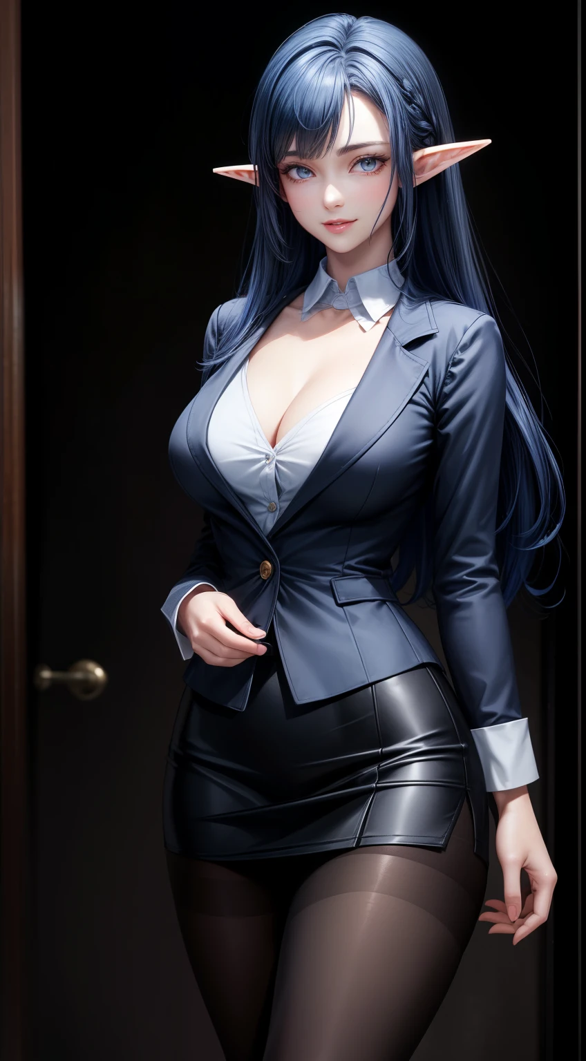 (masterpiece:1.3), High resolution, Super detailed, Highly detailed CG Unity 8K wallpaper, realistic, photo-realistic, Raw photo, Beautiful and dense face, pale skin, realistic glistening skin, fine cloth texture, detailed hair texture, perfect body, beautiful face, Accurate, anatomically correct, Highly detailed face and skin texture, natural neck length, (beautiful hands), (Fair skin:1.2), thin legs, thin legs, break, fine eyes, symmetrical eyes, light brown eyes, double eyelid, thin eyebrows, (glossy lips:1.4), (smile gently:1.2), break, (NSFW:1.1), (classy and cute girl:1.3), (1 girl), (Medium sized big breasts, slender body shape,  firm chest:1.1), beautiful clavicle, (blue hair, wavy hair, long hair:1.2), ((asymmetrical bangs:1.2)), (((elf))),office lady, black office blazer, office skirt, (pantyhose black stockings:1.2), (down shirt with short buttons:1.2), Up collar prim with buttons, button down collar prim, good, (pantyhose:1.2), alpha layer, high heels,