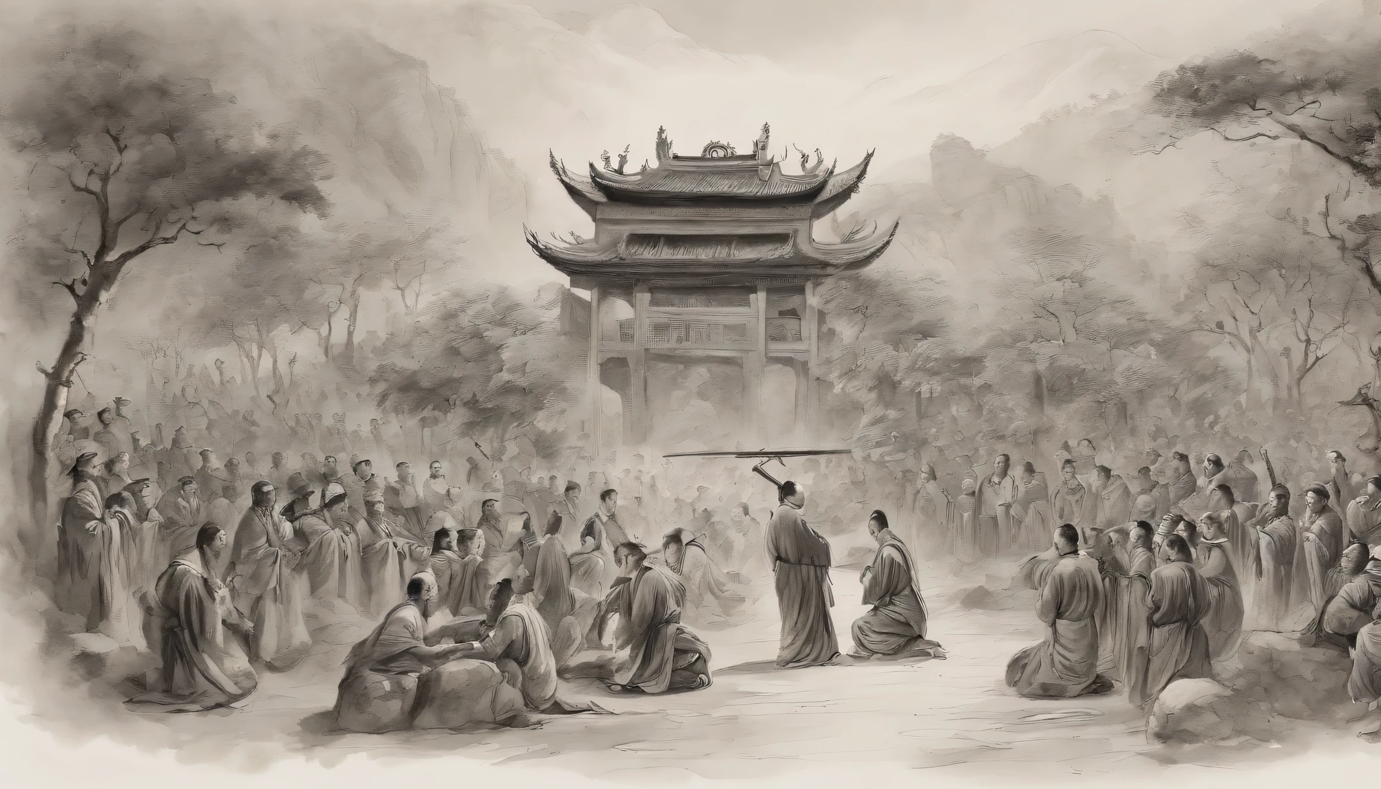 Scenes from the Chinese Heavenly Sacrifice Ceremony，People kneel down devoutly，But the expression is more of blessing and gratitude，black and white，ink