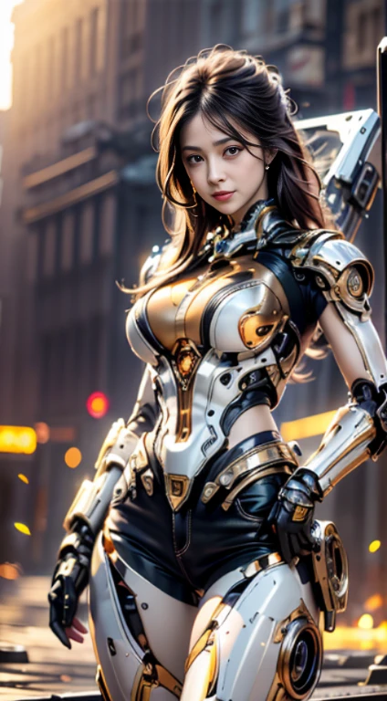 Virtual image,Realistic 8K images,shins up,,Masterpiece,Complete Anatomy,Complete dynamic composition,morning sun,Light hits the front,young woman with long brown hair,sweet smile,smile at the corner of the mouth,cybernetic robot,Bikini body - white_orange_gold_metal, Jeans shorts,white tank top,The background is the remains of a large robot machine.,The gears of a large machine were decayed.