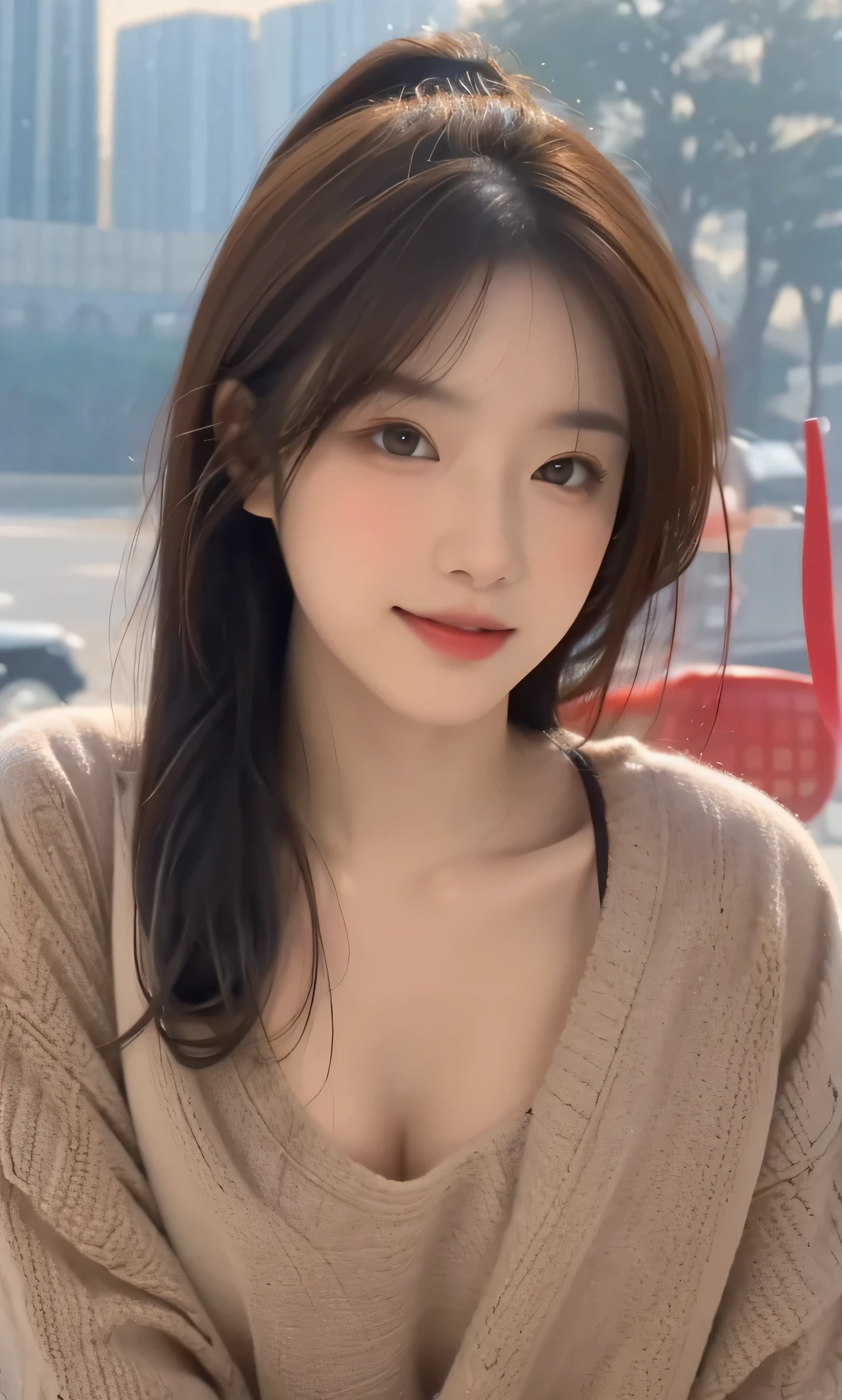 (top-quality、8K、32K、masterpiece、nffsw:1.2)、(Slouched:1.3)、crouching down、(From above:1.2)、(a closeup:1.4)、POV、Loose-fitting T-shirt、large full breasts、(beautiful nipple slips:0.9)、outside of house、the wind、shinny skin、blurry backround、in mountains、Woman posing as a model in、Gravure photography、( Tall gravure model), dark brown hair, Professional Lighting, Photon mapping, Radio City, (high-detail skin: 1.2), hyperdetailed face, Detailed lips, Detailed eyes, Double eyelids,、A smile