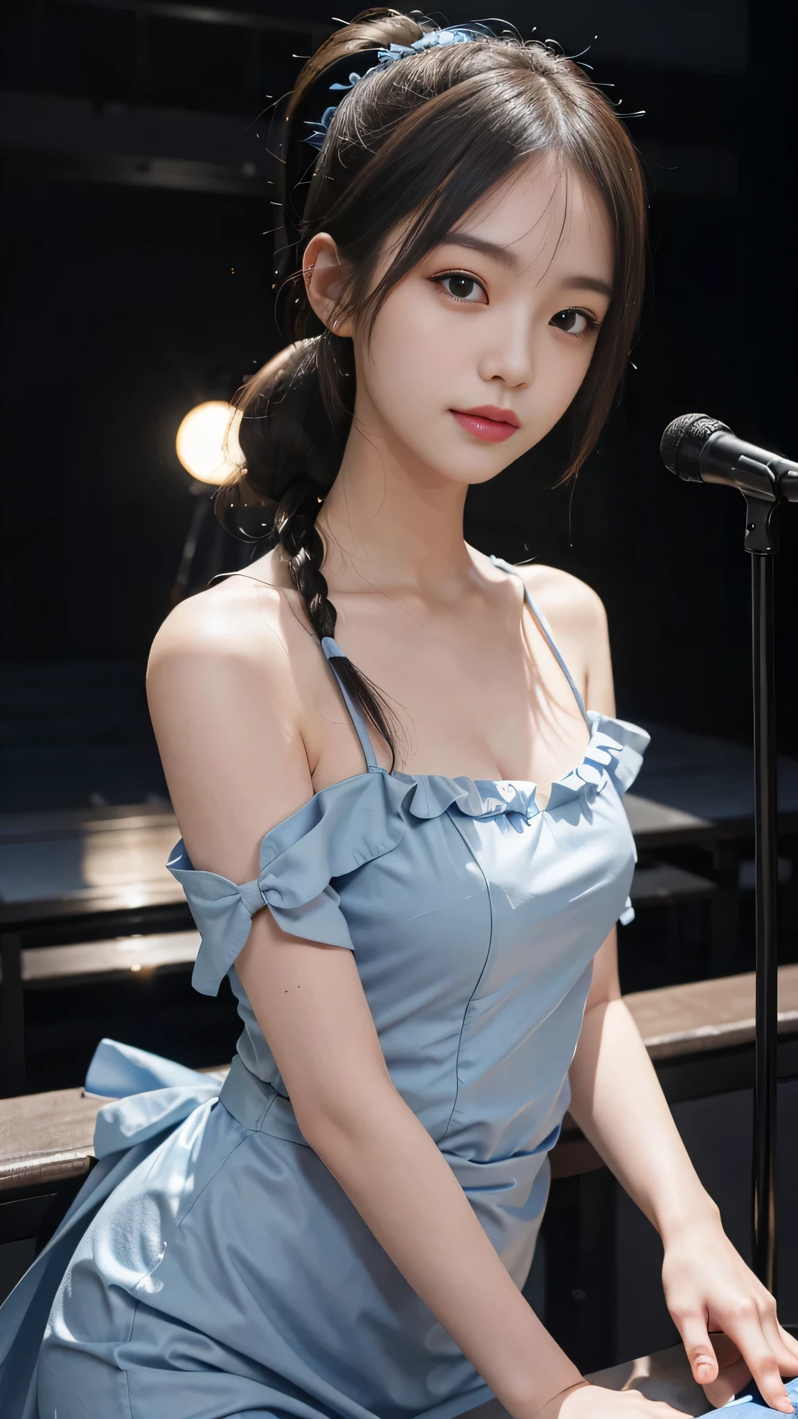 Close up face,standing on stage,Blue colored long dress with lots of ruffles,One woman,masutepiece, The highest image quality, High quality, the background is clear,Beautiful woman, Japanese, Detailed, Detailed eyes, Detailed skin, Beautiful skin, 超hight resolution, (reality: 1.4),Very beautiful woman, Slightly younger face, Beautiful skin, slender, (Ultra photo realsisim), (hight resolution), (8K), (Very detailed) (beautifully detailed eyes), (super detailed), (Detailed face), view the viewer, Fine details, Detailed face, Staring straight ahead, Staring straight ahead, photos realistic, Bright lighting, Professional Lighting, Black hair,poneyTail,a baby face,fifteen years old,Hairstyle is ponytail,long ponytail hairstyle,slight smile,neat and tidy clothing,Beautiful Japanese KPOP idol photo, hair style is ponytail, my eyes are double and wide, baby face, smile and look straight ahead, slender, small breasts,Blue ribbon on head,Close up face,