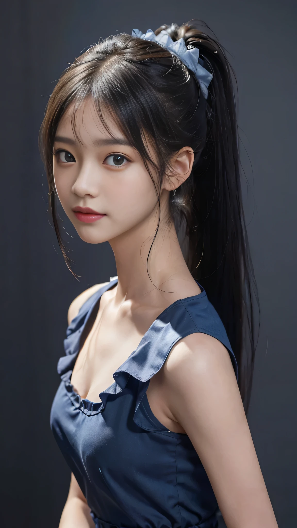 Close up face,standing on stage,Blue colored long dress with lots of ruffles,One woman,masutepiece, The highest image quality, High quality, the background is clear,Beautiful woman, Japanese, Detailed, Detailed eyes, Detailed skin, Beautiful skin, 超hight resolution, (reality: 1.4),Very beautiful woman, Slightly younger face, Beautiful skin, slender, (Ultra photo realsisim), (hight resolution), (8K), (Very detailed) (beautifully detailed eyes), (super detailed), (Detailed face), view the viewer, Fine details, Detailed face, Staring straight ahead, Staring straight ahead, photos realistic, Bright lighting, Professional Lighting, Black hair,poneyTail,a baby face,fifteen years old,Hairstyle is ponytail,long ponytail hairstyle,slight smile,neat and tidy clothing,Beautiful Japanese KPOP idol photo, hair style is ponytail, my eyes are double and wide, baby face, smile and look straight ahead, slender, small breasts,Blue ribbon on head,Close up face,