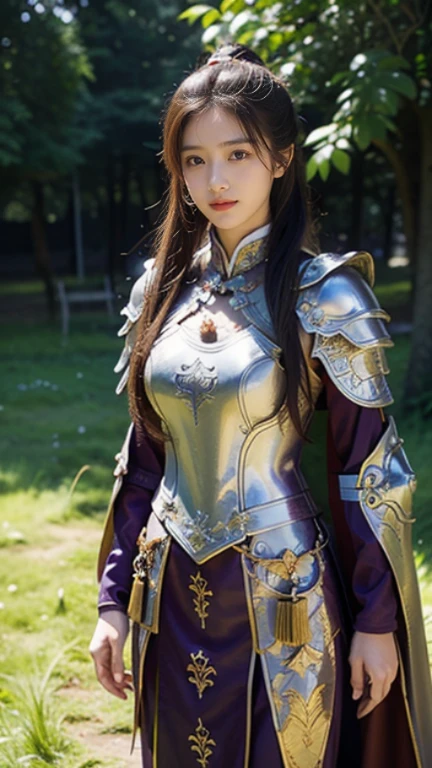 masterpiece,Best quality,A high resolution,8K,Original photo,real photo,Ancient city wall battlefield background,((field:1.8)),digital photography,(Female generals on the battlefield in the Han Dynasty),(((standing on the grass))),18-year-old girl,(long ponytail hairstyle),cparted lips,Full and erect breasts,Noble and charming,Elegant and serious,(Thick purple fish scale armor),Long red cape,The combination of white metal and red leather,Chest covered with gold armor,metallic luster,Leather buckle,Exquisite pattern,mysterious badge,Cool and gorgeouig breasts)),showed breast, cleaveage, Chest groove,Three Kingdoms character painting style,Photo pose,oc render reflection texture,bright shades,stand in the sun,No shadows on the face,charming smile,Head-up shot,