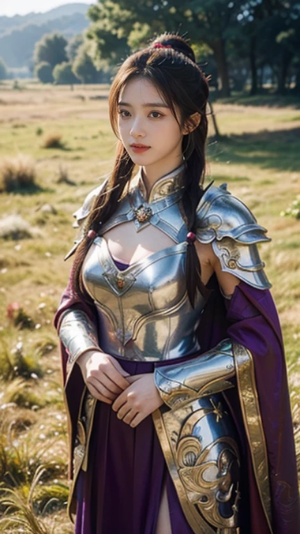 masterpiece，Best quality，A high resolution，8K，Original photo，real photo，Ancient city wall battlefield background,((field：1.8))，digital photography，(Female generals on the battlefield in the Han Dynasty)，(((standing on the grass)))，18-year-old girl，（long ponytail hairstyle)，cparted lips，Full and erect breasts，Noble and charming，Elegant and serious，(Thick purple fish scale armor），Long red cape，The combination of white metal and red leather，Chest covered with gold armor，metallic luster，Leather buckle，Exquisite pattern，mysterious badge，Cool and gorgeouig breasts))，showed breast, cleaveage, Chest groove，Three Kingdoms character painting style，Photo pose，oc render reflection texture，bright shades，stand in the sun，No shadows on the face，charming smile，Head-up shot，