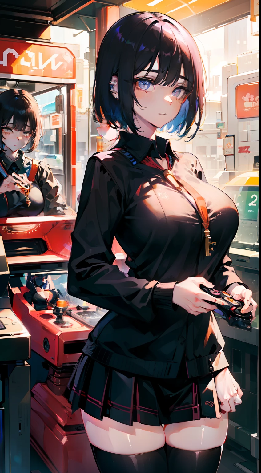 Cinematic lighting、(key light：Front diagonal 45 degrees, fill light、Backlight、shadow、blue and orange color palette), accurate human body、detailed person、Correct five-finger、RAW photo、 4K - ultra-vivid、highest quality, masterpiece, ultra high resolution, (reality: 1.4), 

(((oil skin,sparkling skin、realistic skin texture、detailed beautiful skin、shiny skin、shiny skin)))、


upper body shot, camera angle is low, Depth of the bounds written, Focus on the center, fine eyes, perfect face and eyes、


(((At the amusement arcade, game console, game machine, Japan Game Center))), 
girl, short bob black hair, early teen, black skinny love fabric sweater, plaid miniskirt, purple collar, black face mask, piercing, 
big breasts, slender, standing , naughty, 
zettai ryouiki, absurd resolution, absurd detailed, best quality, (((big breasts)))