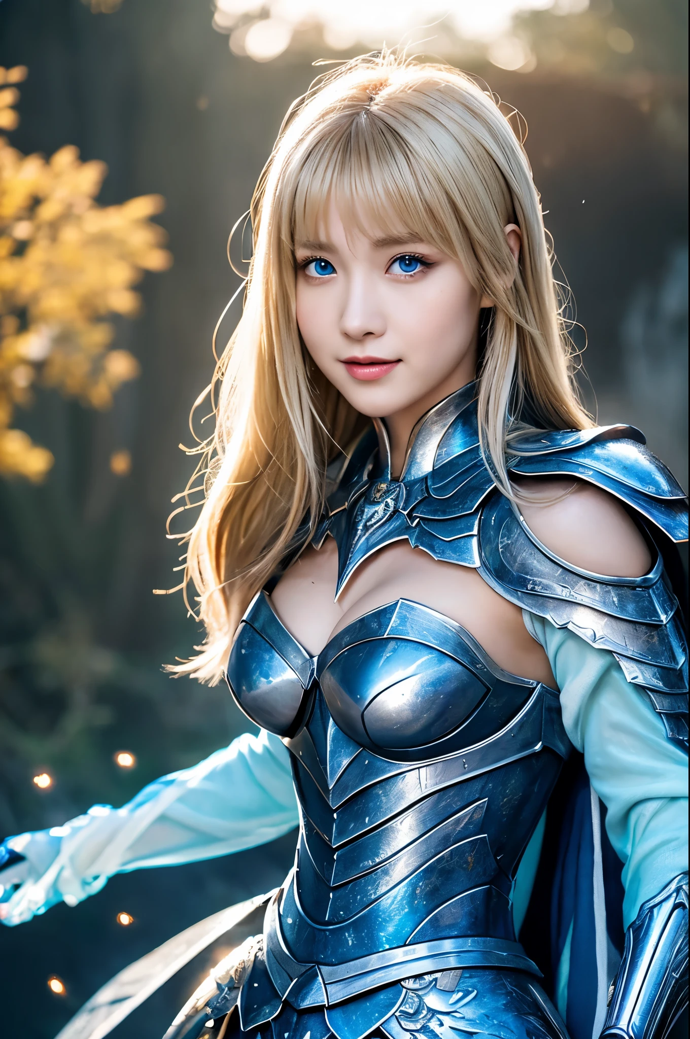 8K、Super detailed、masterpiece、highest quality、(very detailed)、dynamic angle、mysterious look、Wind effect、fantasyの背景、rim lighting、cinematic light、超A high resolution、8k uh、film grain、best shadow、delicate、born、particles of light、fine skin texture、Detailed armor texture、detailed face、Complexディテール、Super detailedな、shine、strong fraud、silver armor、(holding a weapon)、Slashing、Slashing Action、big and full breasts,Scapula、shining eyes、 long cloak、fantasy、(bornきbornきとした)、shoulder armor、Complex、Complex、perfect lighting、looking at the viewer、movie lighting、flying in the sky、Flight、holy light、wonderful、bangs、the wind is strong、frozen mountain々々、long wavy white hair、lich queen,Sexy,attractive,blonde short bob,Chest armor with detailed decoration,perspective from above,smile,