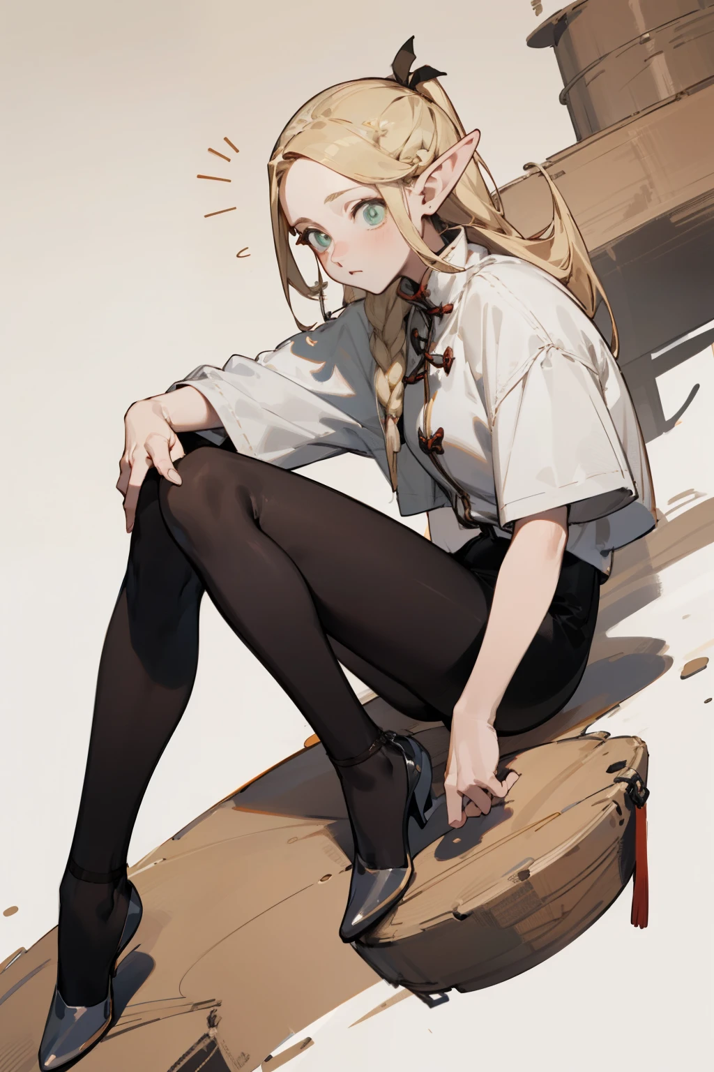 (masterpiece, best quality) detailed, Wearing black tights, silver accessories , The zipper is not closed , Blonde ,elegant, Pointed ears ，whole body，Chinese element pattern，thigh，漏出thigh，White shirt