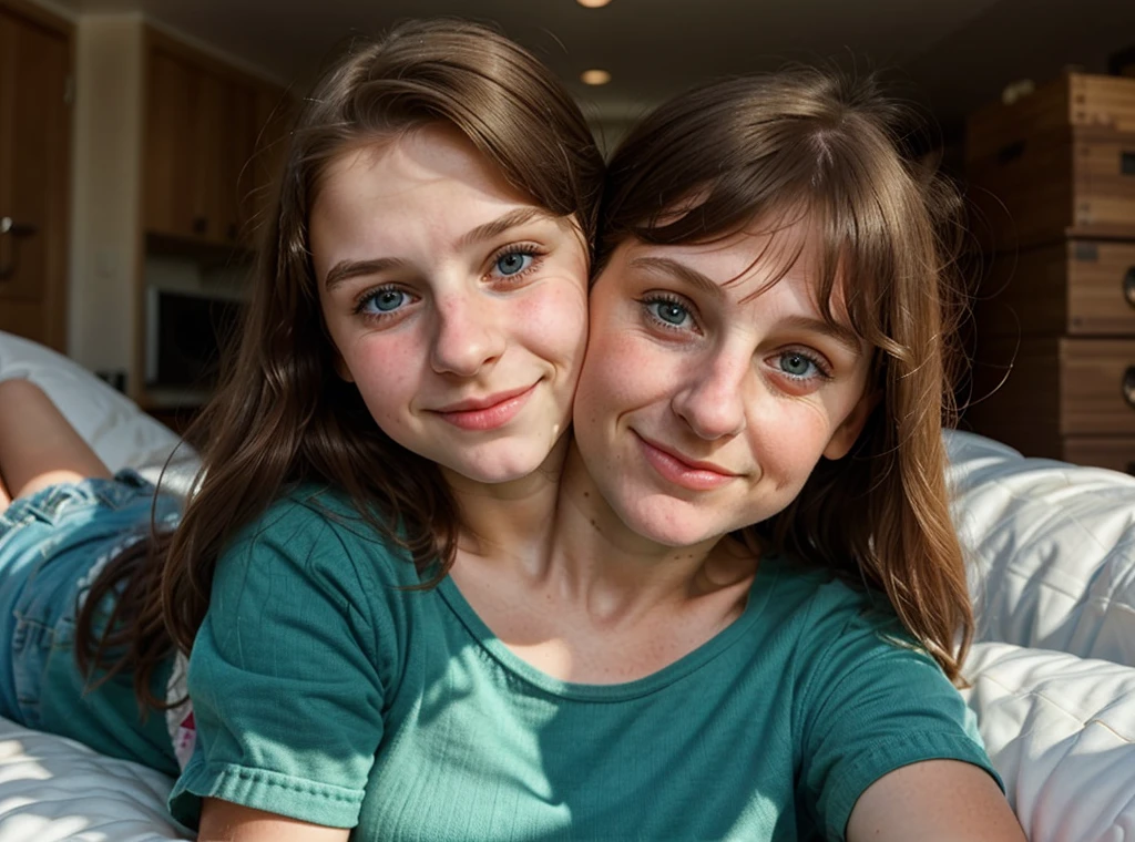2heads, two headed girl, (a girl and a 40 year old woman:1.5)