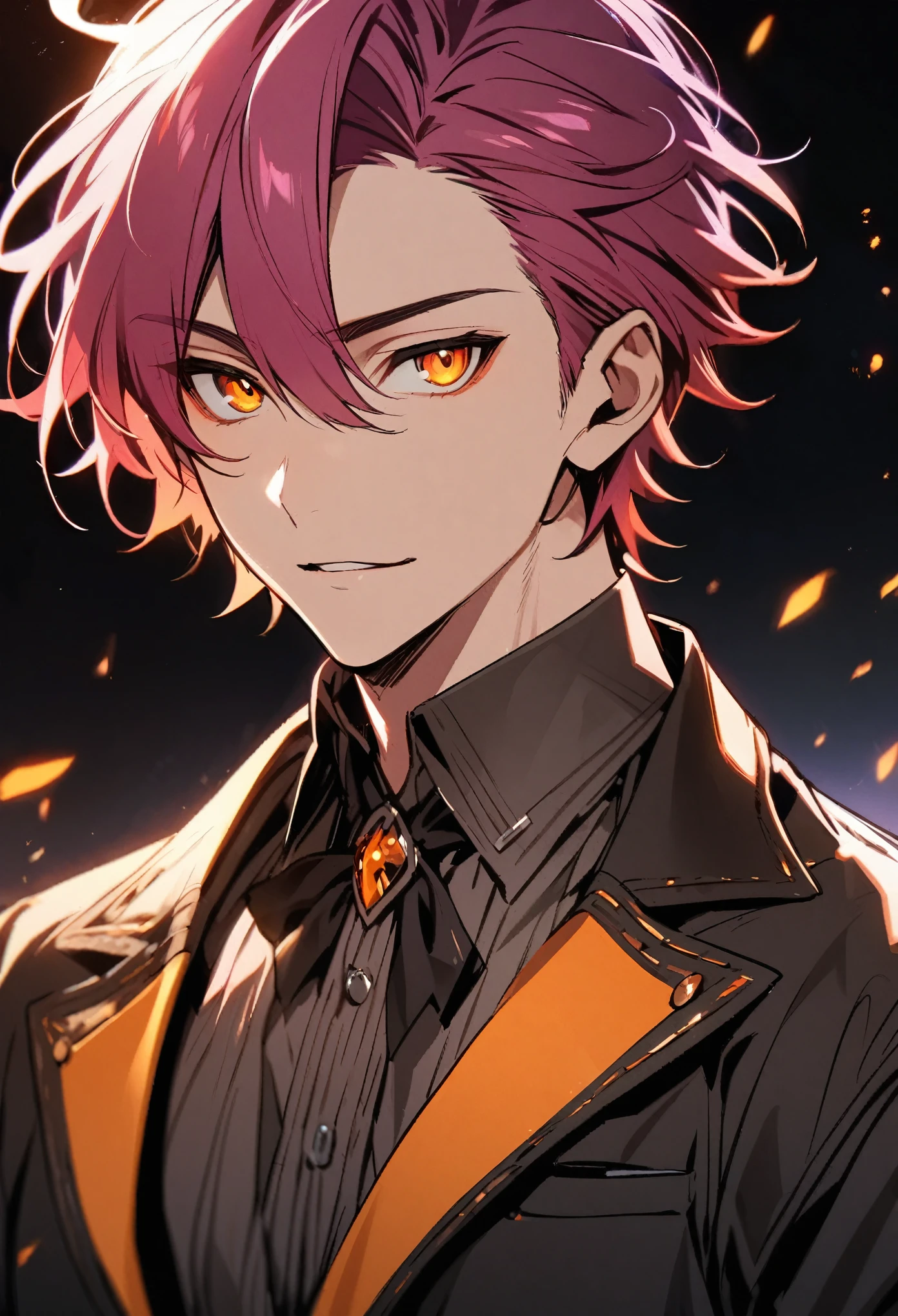 Handsome, solo, 1 male, magenta hair, orange eyes