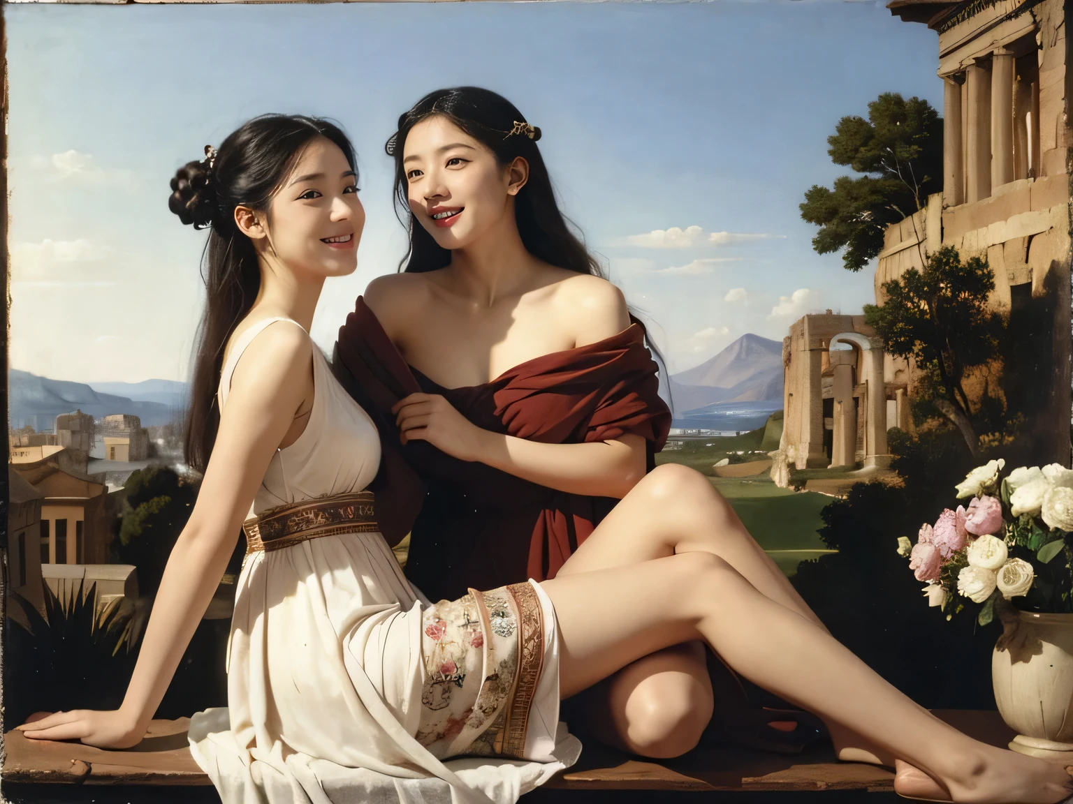 full body portrait or statue、Giorgione painting style,Arguments of two female Philosophe,math、astronomical machine、astronaut、roses in vase、fruits、Cute trinkets、smile、ancient greek costume、Ancient Roman landscape in the style of Nicolas Poussin,laughter,,Sweet and seductive appearance.、Caravaggio's paintings、Chiaroscuro of Caravaggio、hair tousled by the wind,Two women frolicking,cute smile, expression of ecstasy,Sexy,erotic
