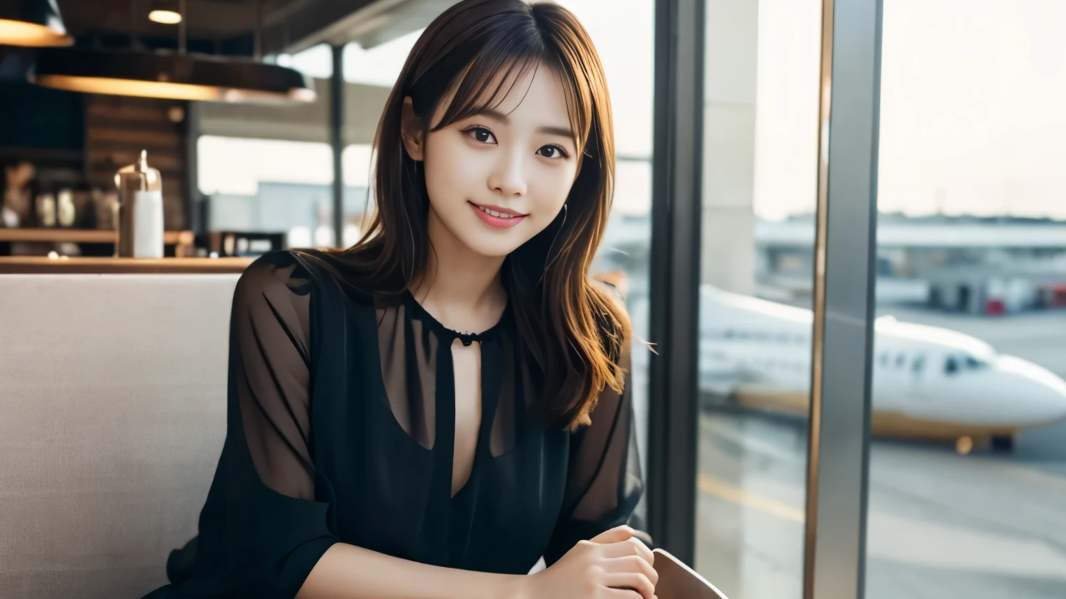 1 girl, (Wearing a black blouse:1.2), Beautiful Japanese actresses,
(Raw photo, highest quality), (realistic, Photoreal:1.4), masterpiece,
very delicate and beautiful, very detailed, 2k wallpaper, wonderful,
finely, very detailed CG Unity 8K 壁紙, Super detailed, High resolution,
soft light, beautiful detailed girl, very detailed目と顔, beautifully detailed nose, beautiful and detailed eyes, cinematic lighting,
break
(1. With the interior of a stylish cafe in the airport as the background.3), Waiting for a flight on the airport cafe terrace,
perfect anatomy, slender body, smile, Face the front completely, look at the camera,Before leaving for overseas travel