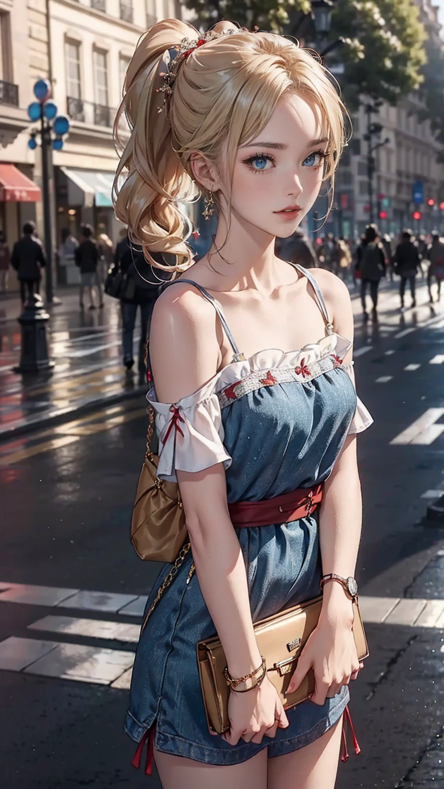 ((最high quality, 8K, masterpiece: 1.3, Ultra HD, high quality, 最high quality, High resolution, realism)) 、(high color saturation:1.0), (highly detailed skin), (最high quality:1.0), (超High resolution:1.0) ,(realistic:1.0), (Super detailed:1.0), (8K, Raw photo:1.1), slender、Slender, muscular body that&#39;s toned like an athlete&#39;s、I don&#39;t want my head to disappear from the screen.、Wear accessories on your wrist、Wearing red nail polish、I have a peticure、cinematic lighting, sparkle 、25 year old white woman、platinum blonde、long hair、blue eyes、hair above one eye、Camisole dress((camisole one piece))wear、wear sandals、On the Champs Elysées in Paris、Carry a handbag over one&#39;s shoulder、front ponytail((front ponytail))