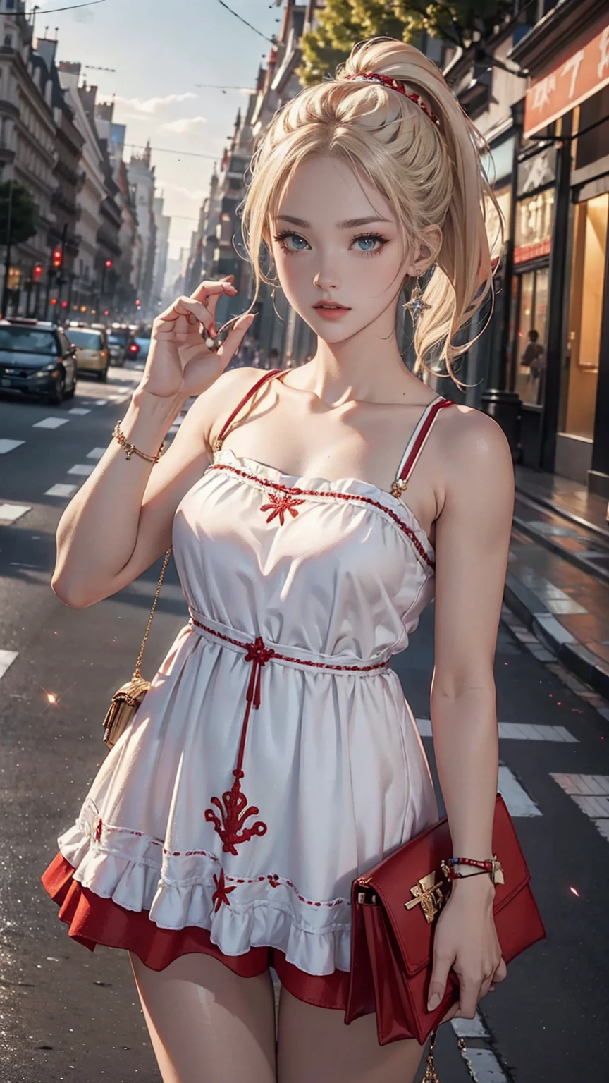 ((最high quality, 8K, masterpiece: 1.3, Ultra HD, high quality, 最high quality, High resolution, realism)) 、(high color saturation:1.0), (highly detailed skin), (最high quality:1.0), (超High resolution:1.0) ,(realistic:1.0), (Super detailed:1.0), (8K, Raw photo:1.1), slender、Slender, muscular body that's toned like an athlete's、I don't want my head to disappear from the screen.、Wear accessories on your wrist、Wearing red nail polish、I have a peticure、cinematic lighting, sparkle 、25 year old white woman、platinum blonde、long hair、blue eyes、hair above one eye、Camisole dress((camisole one piece))wear、wear sandals、On the Champs Elysées in Paris、Carry a handbag over one's shoulder、front ponytail((front ponytail))
