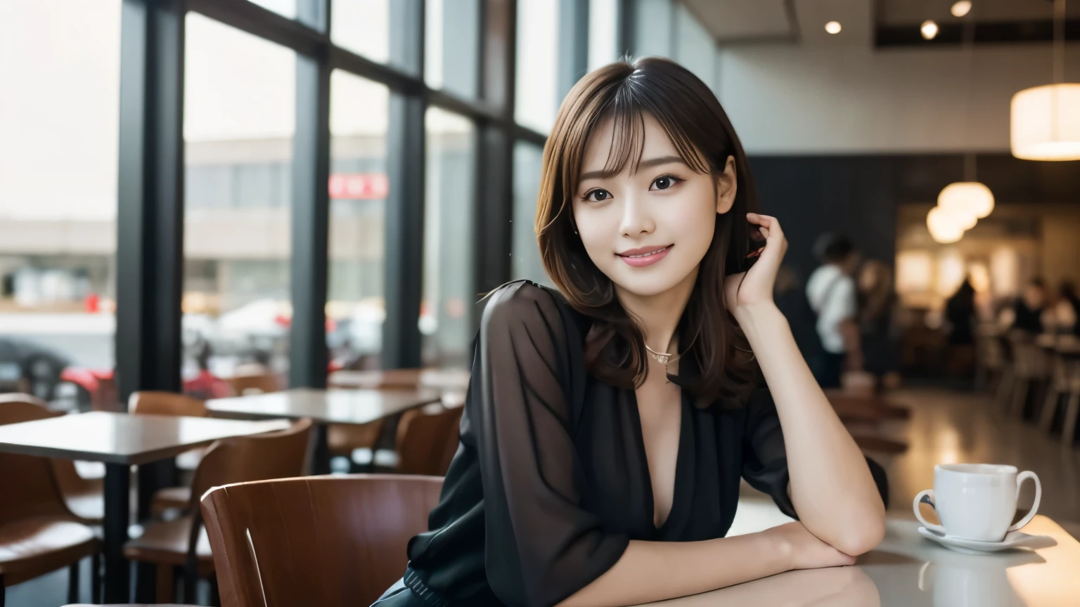1 girl, (Wearing a black blouse:1.2), Beautiful Japanese actresses,
(Raw photo, highest quality), (realistic, Photoreal:1.4), masterpiece, 
very delicate and beautiful, very detailed, 2k wallpaper, wonderful, 
finely, very detailed CG Unity 8K 壁紙, Super detailed, High resolution, 
soft light, beautiful detailed girl, very detailed目と顔, beautifully detailed nose, beautiful and detailed eyes, cinematic lighting, 
break
(1. With the interior of a stylish cafe in the airport as the background.3), Waiting for a flight on the airport cafe terrace, 
perfect anatomy, slender body, smile, Face the front completely, look at the camera,Before leaving for overseas travel