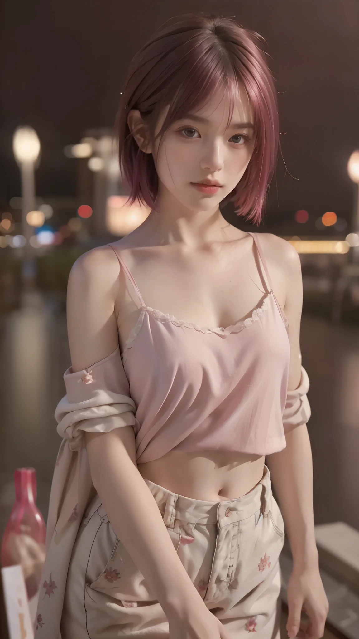 (Photoreal:1.4,RAW shooting,)最high quality, masterpiece, 超High resolution, (realistic:1.4), Raw photo, 1 girl,, short hair,, (masterpiece, 最high quality, high quality, High resolution, Super detailed),pink hair、(Night lights:1.4)