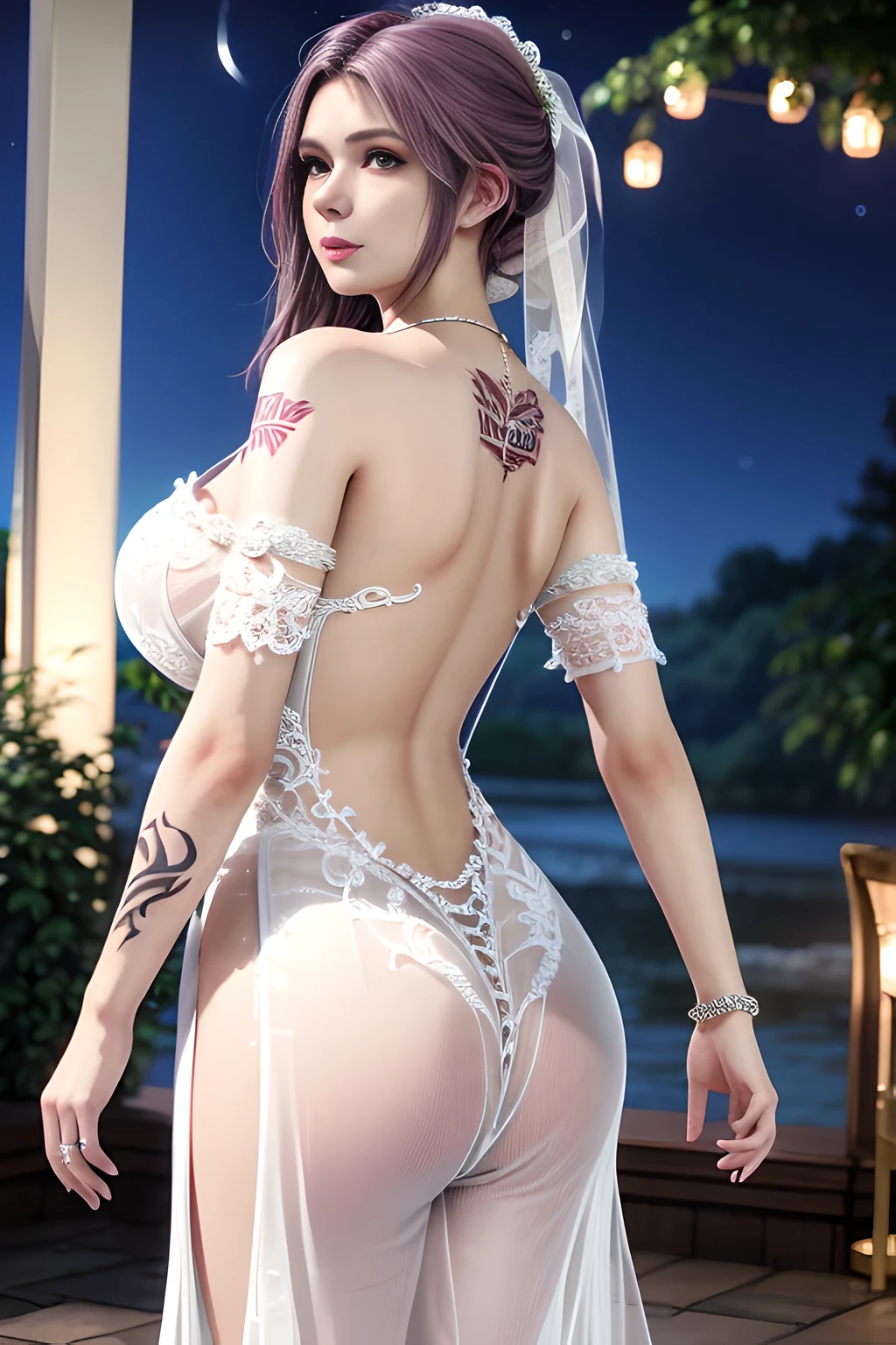 1 girl,standing posture,(( Backless Wedding Dress, see-through)), outdoor,elegant,nighttime,moonlighe,shiny skin,( huge breasts:1.1), lip gloss,( tattoos:1.3), masterpiece, best quality, realistic ,Surrealism,,Rich artistic colors, 8K,soft shadows,Portrait art,solo, elise,