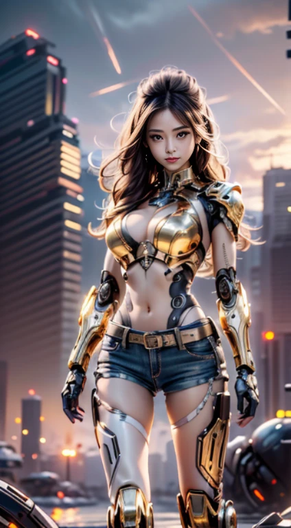 Virtual image,Realistic 8K images,shins up,,Masterpiece,Complete Anatomy,Complete dynamic composition,morning sun,Light hits the front,young woman with long brown hair,sweet smile,smile at the corner of the mouth,cybernetic robot,Bikini body - white_orange_gold_metal, Jeans shorts,white tank top,The background is the remains of a large robot machine.,The gears of a large machine were decayed.