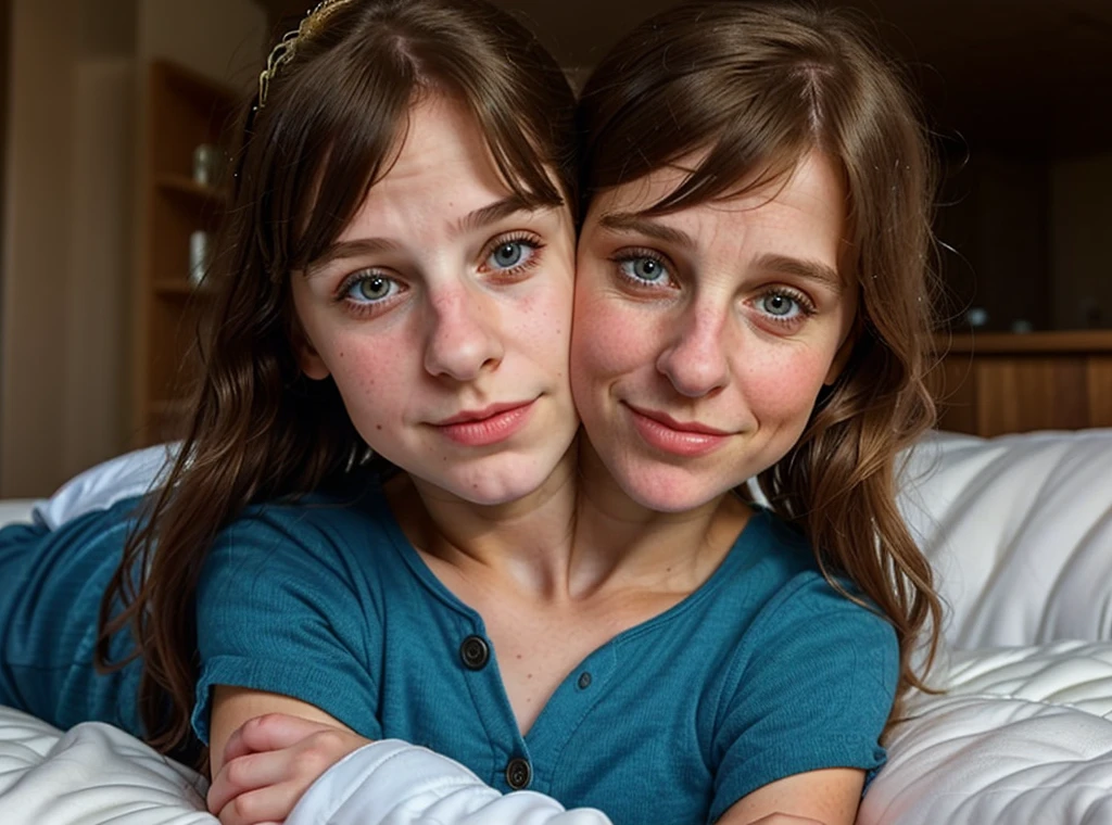 2heads, two headed girl, (a 10 year old girl and a 40 year old woman:1.5)