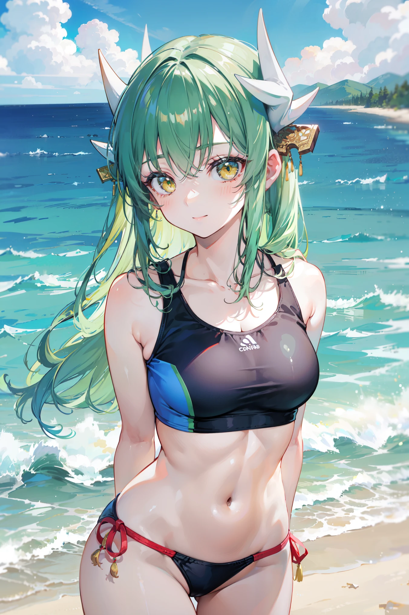 1girl, solo, ((aakiyo)), long hair, green hair, white horns, hair ornament, yellow eyes, swimsuit, yellow swimsuit, bikini, abs, smiling, sweet_face, blush, happy, looking at viewer, upper body, standing, (arms behind back), beach_ocean, background, sharp focus, masterpiece, best quality