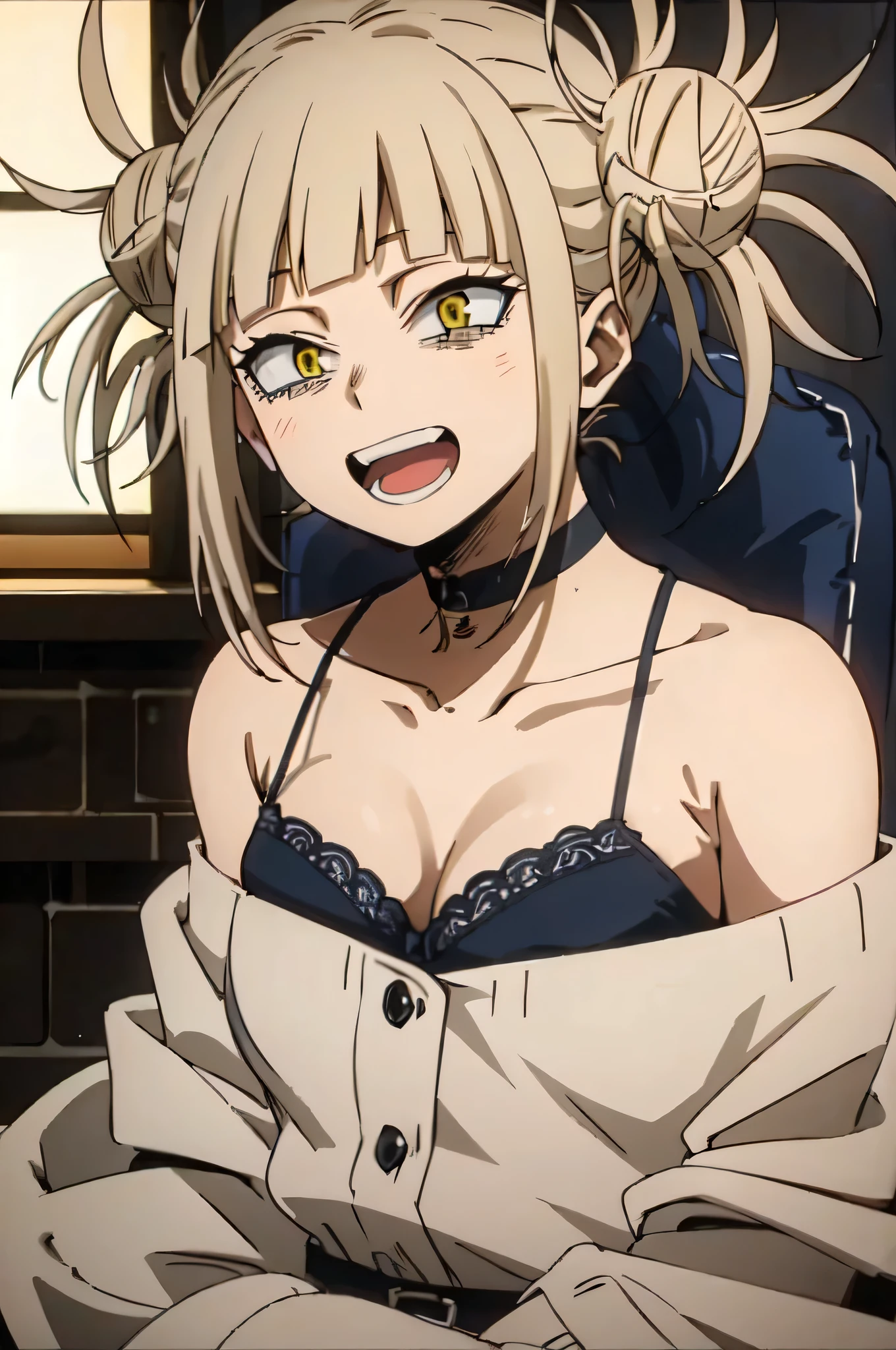 himikotoganova, (1girl, solo), (perfect eyes), blonde hair, double bun, messy hair, bangs, yellow eyes, bags under eyes, smile, open mouth, blue pantie, blue lace bra, looking at viewer, choker