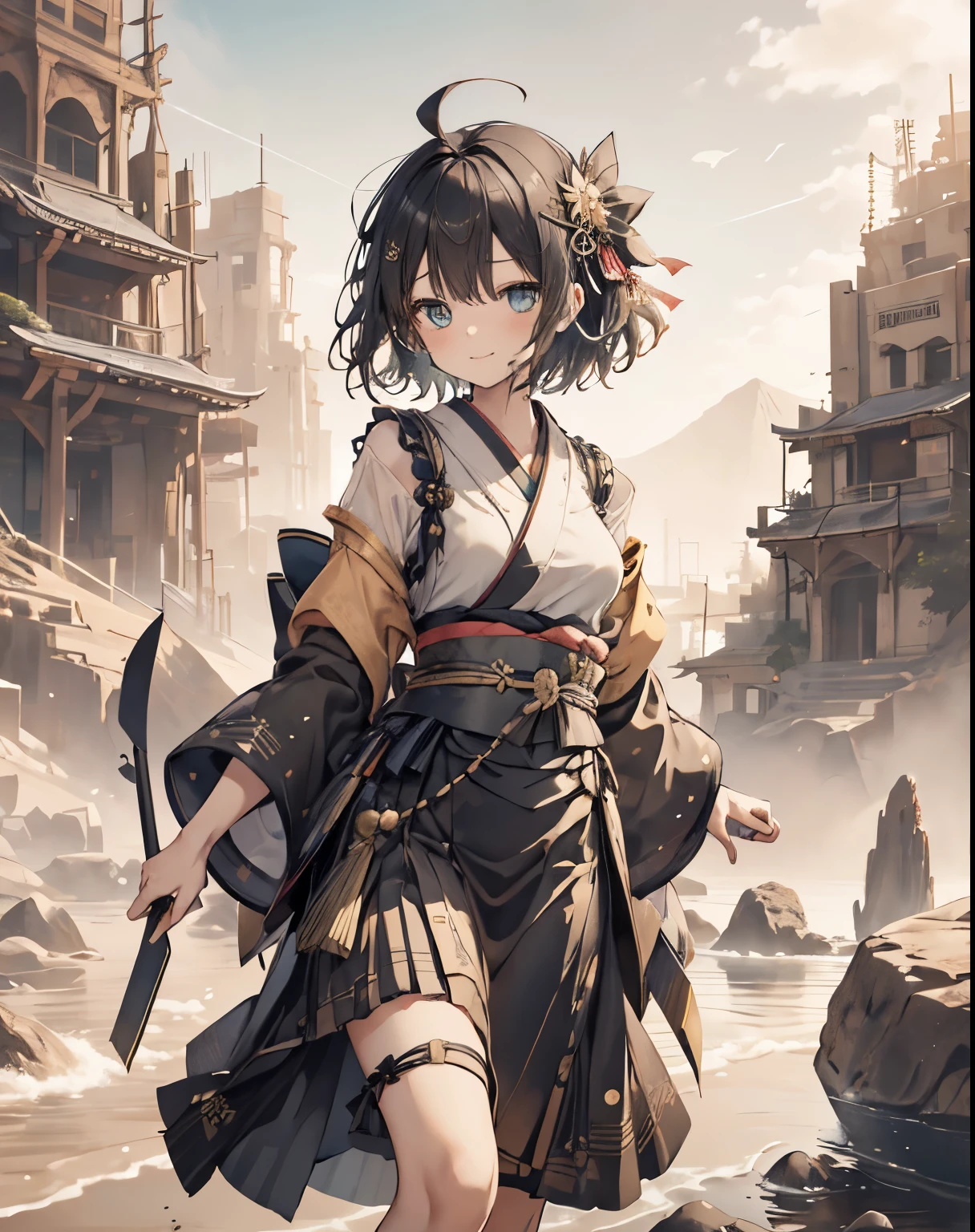 masterpiece,1girl, sparrow, a black haired girl, wearing a golden japanese kimono, short hair, messy hair, black skirt, slim body, small breasts, she close her left eye, shirt ornament, ****ppai, innocent expression, beautiful breasts, rounded breasts, aqua eyes, dress, long skirt, standing above a rock, ahoge, hair ribbon, princess, innocent smile, plaid skirt